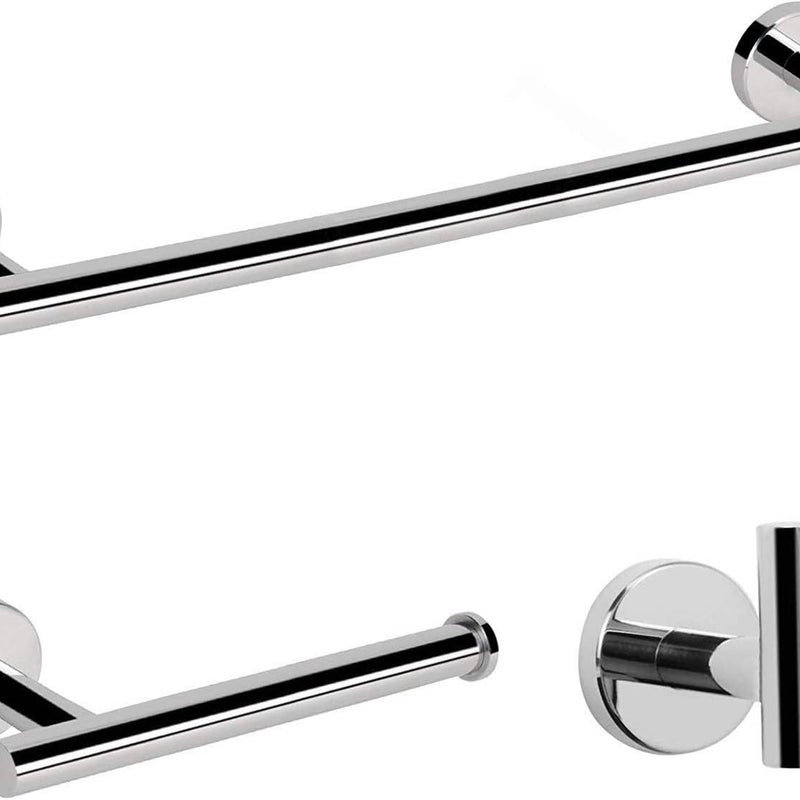 Zestaw akcesoriów łazienkowych, drążek prysznicowy + uchwyt na papier toaletowy + wieszak na szlafrok, zestaw 3 szt., błyszczące srebro