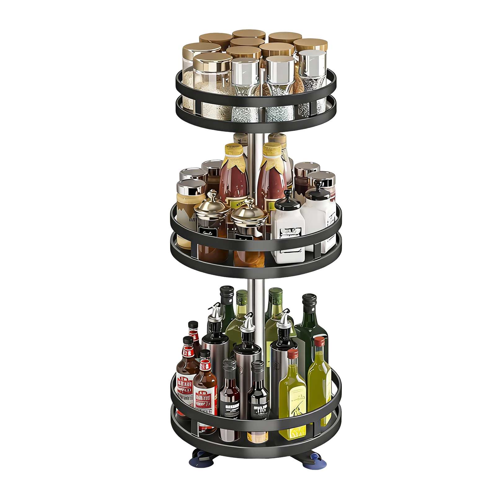 Regulowany metalowy, wielopoziomowy, obrotowy stojak kuchenny, organizer kuchenny, nowoczesny i prosty styl, odporny na wilgoć i rdzę