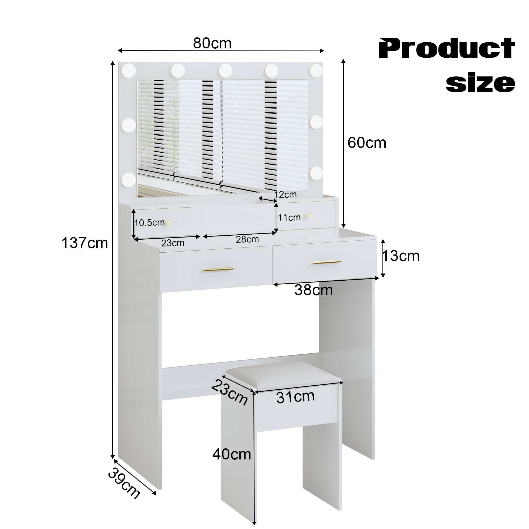 Coiffeuse avec miroir LED 9 lampes, 3 modes d'éclairage, rangement compartimenté, tabouret rembourré et poignées dorées – 137x80x39 cm - 3