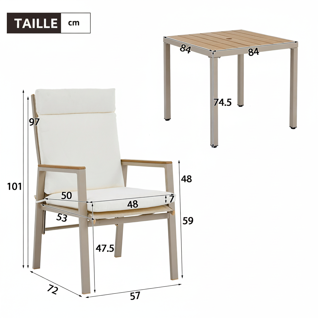 Conjunto de Comedor para Jardín de 4 Personas - Mesa y 4 Sillas de Hierro Galvanizado y Tablero de WPC Khaki y Beige - 5