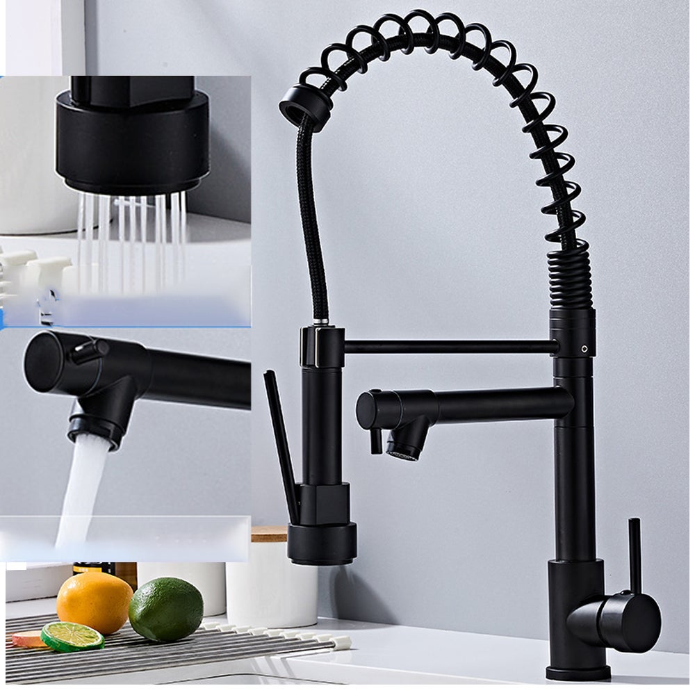 Czarny kran kuchenny z wyciąganą wylewką, kran zlewozmywakowy, obrotowy 360° z dwoma funkcjami natrysku, łatwy montaż.