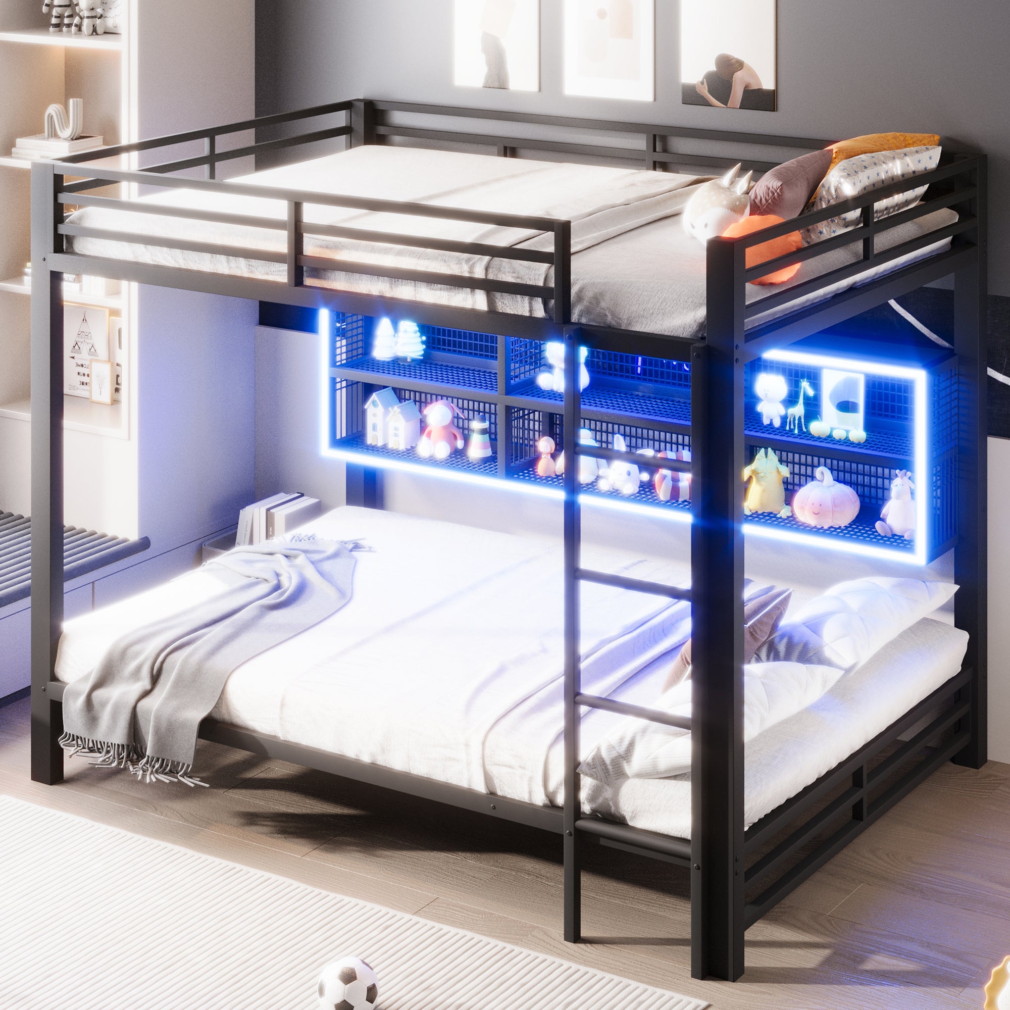 Lit Mezzanine 2 Place avec LED, Lit Superposé Enfant 140x200 avec 6 rangements latéraux offrent Un Espace de Rangement,Noir(Sans Matelas) - 3