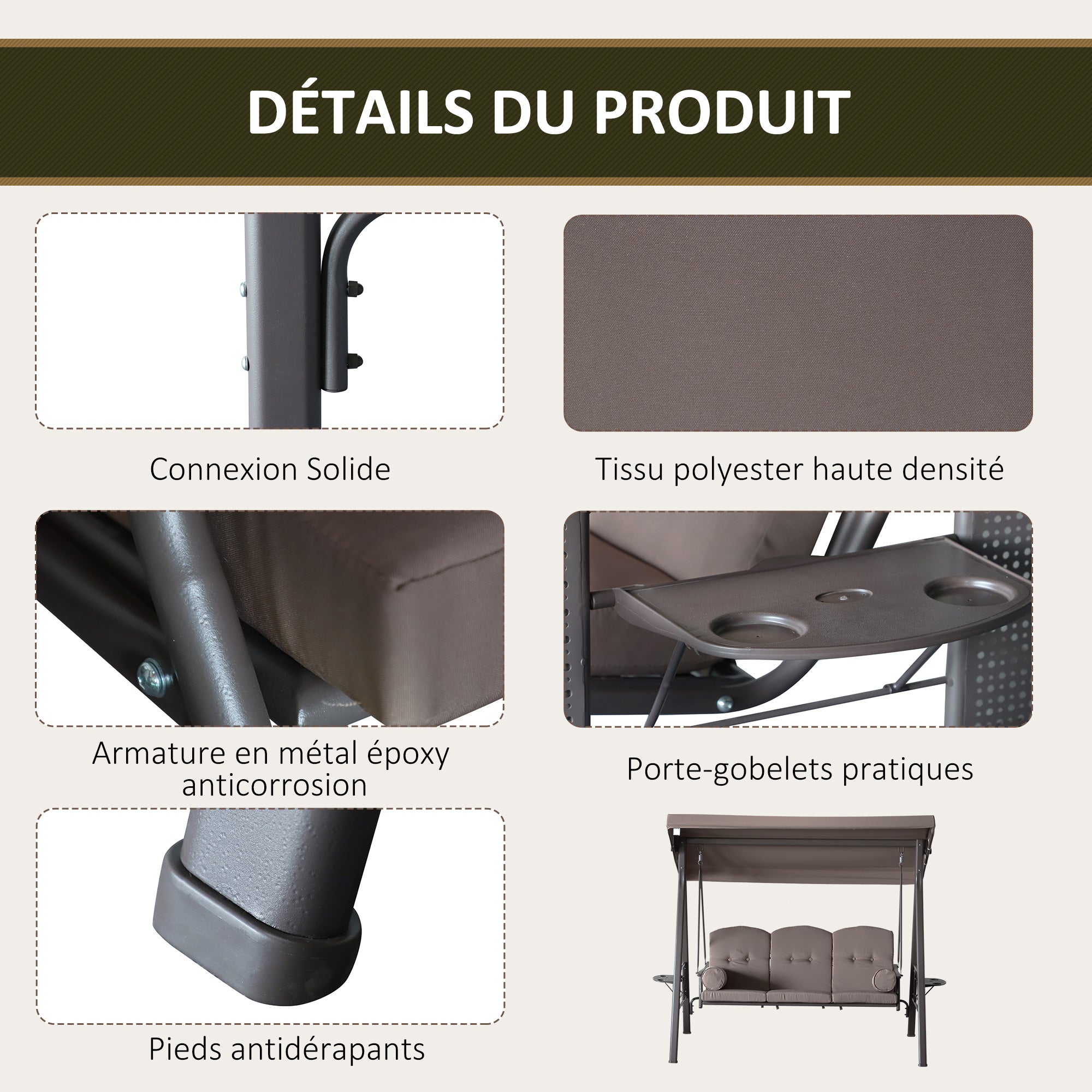 Balancelle de jardin 3 places grand confort polyester - 6