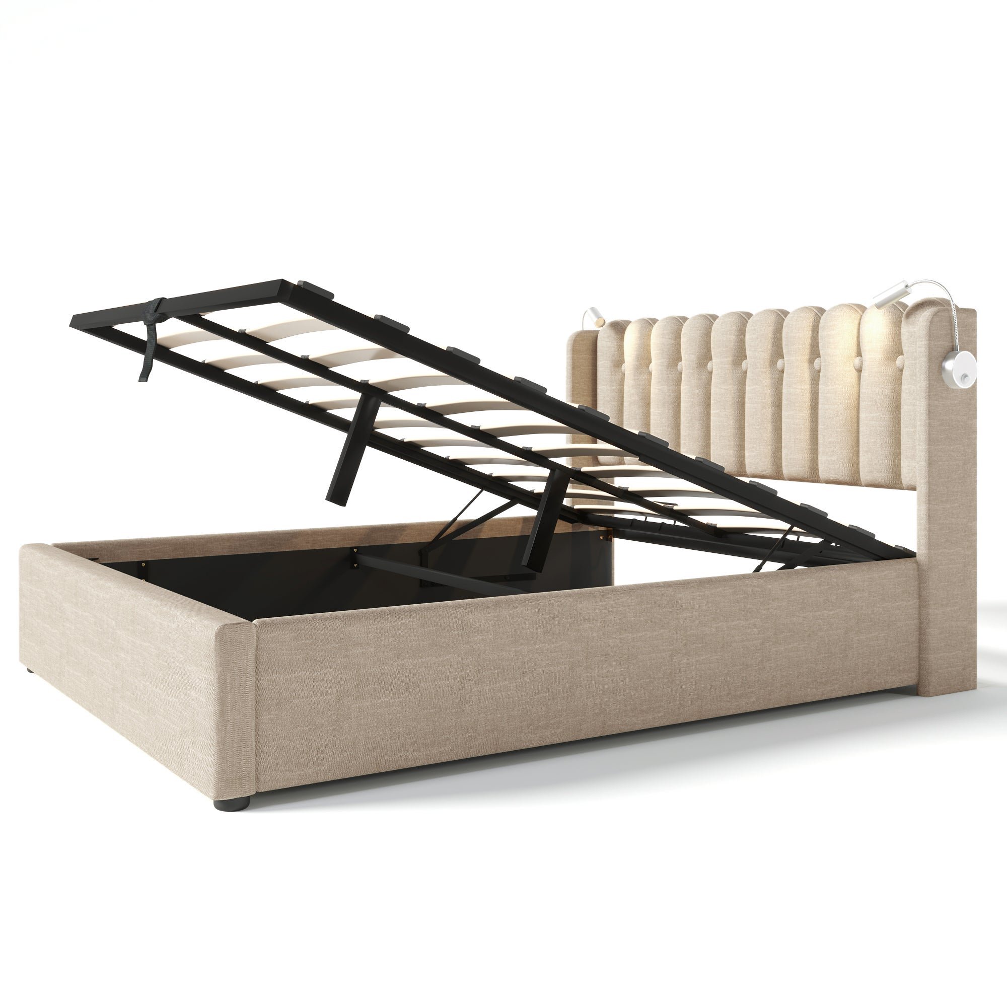 Cama contenedor con cabecero - 160 x 200 cm - lámpara de lectura y toma USB - tela de lino - color natural - 5