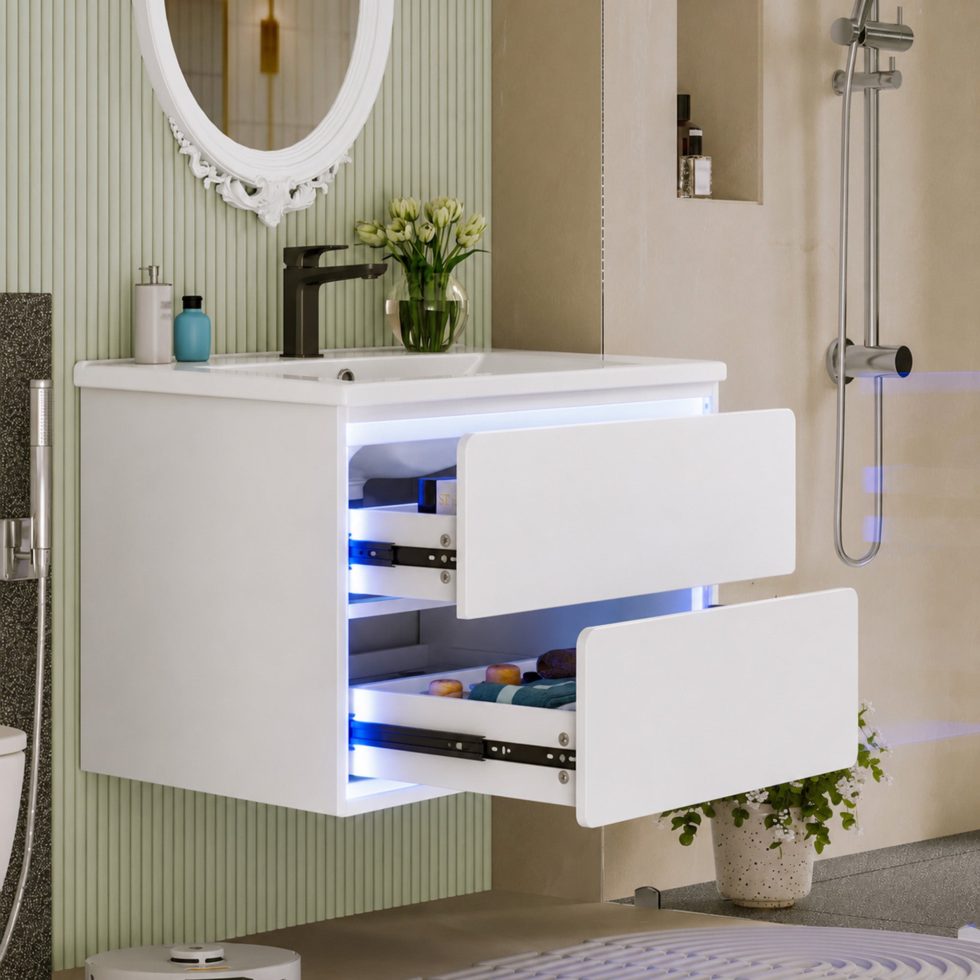 Meuble lavabo mural 76x46x48,5 cm, laque complète, éclairage LED à ...