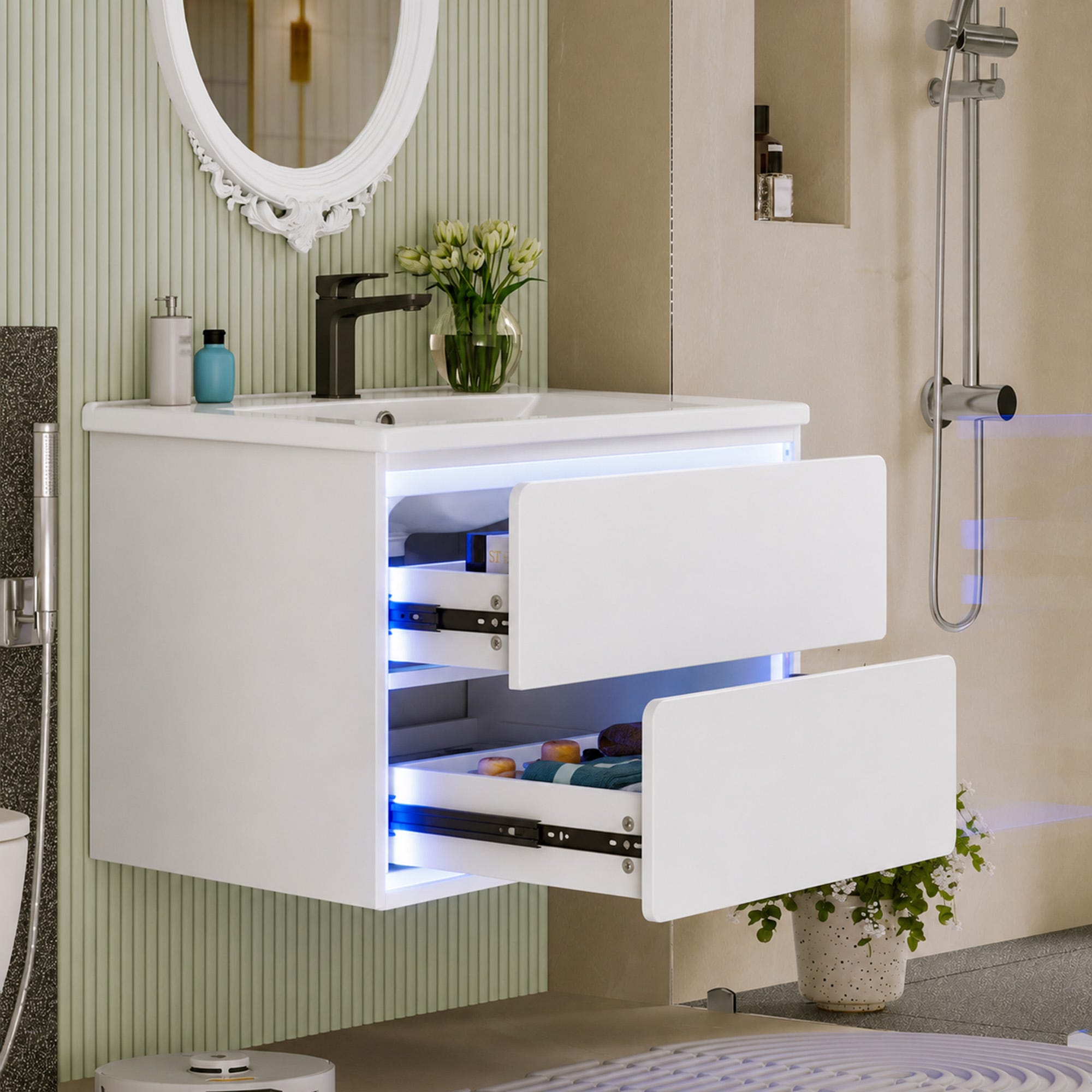 Led Fitting Complete Meuble lavabo mural 76x46x48,5 cm, laque complète, éclairage LED à ...