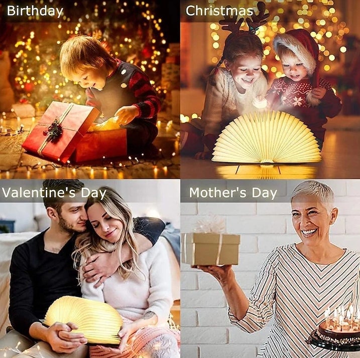 Lampe LED Pliable en Forme de Livre avec 3 Types de Lumière, Charge USB et Fonction Lampe de Nuit Portable, Couvercle en Bois, 11×14.5×2.5cm-red - 6