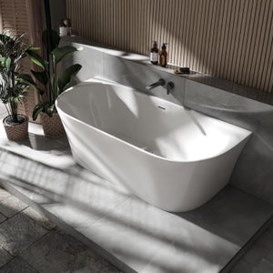 BERNSTEIN - Baignoire droite semi-îlot murale ovale acrylique salle de bain, isolation thermique - Blanc - 170x80x57cm - Garantie 5 ans - NORA