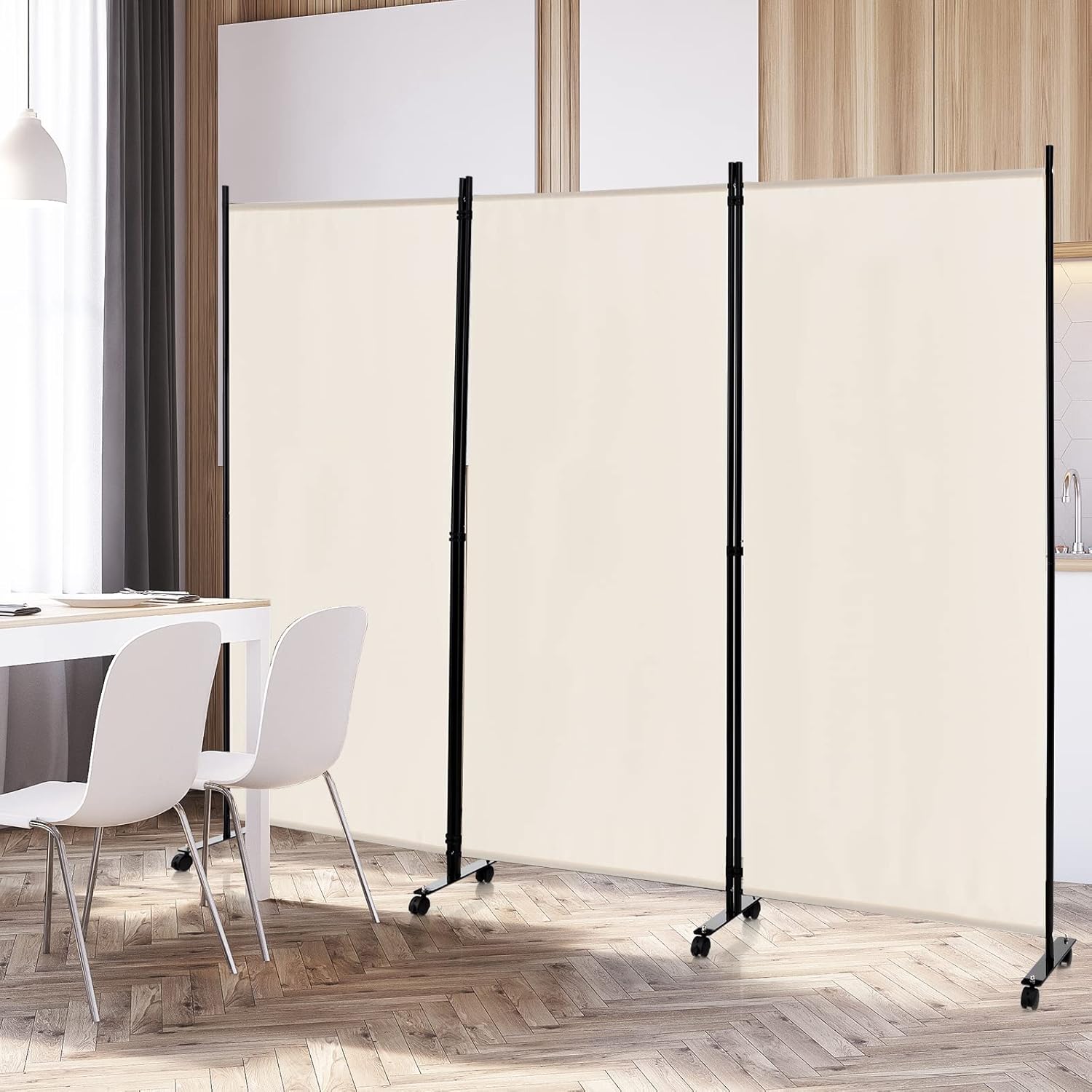 Parawan, 3-częściowy, składana, z materiału, ochrona przed wzrokiem dla większej prywatności i elastyczności, 262 x 180 cm (Beżowy) - 9