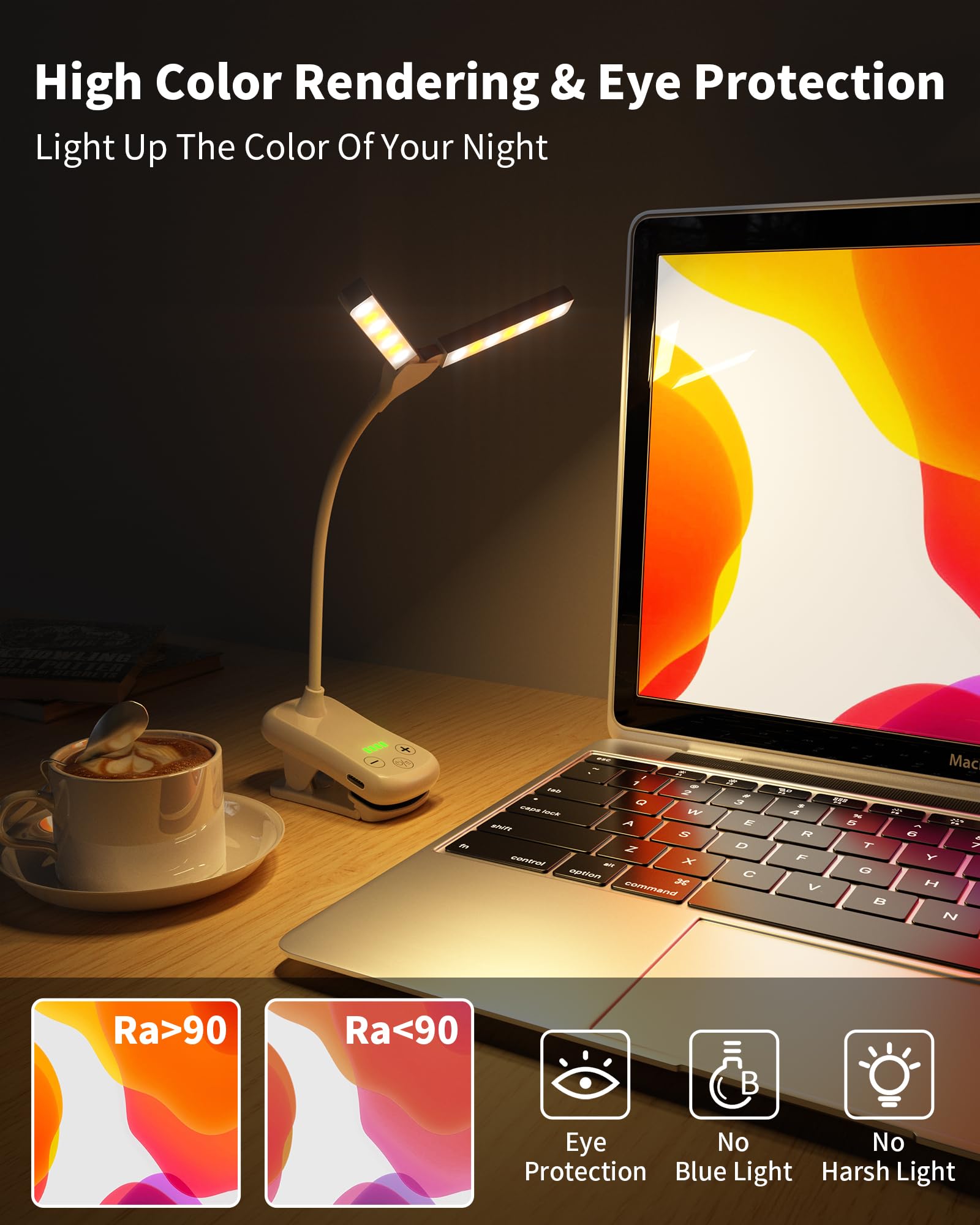 Lampe de lecture 14 LED, lampe à pince rechargeable, protection des yeux, 3 couleurs et 8 luminosité, tête réglable à 180°, portable pour lire au lit - 3