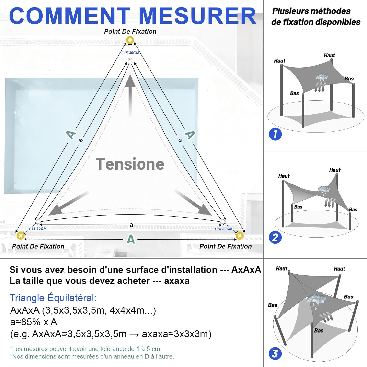 Voile d'ombrage Triangulaire Imperméable 3x3x3m Toile Ombrage PES avec 95% UV Protection pour Patio Extérieur Jardin Terrasse, Blanc - 5