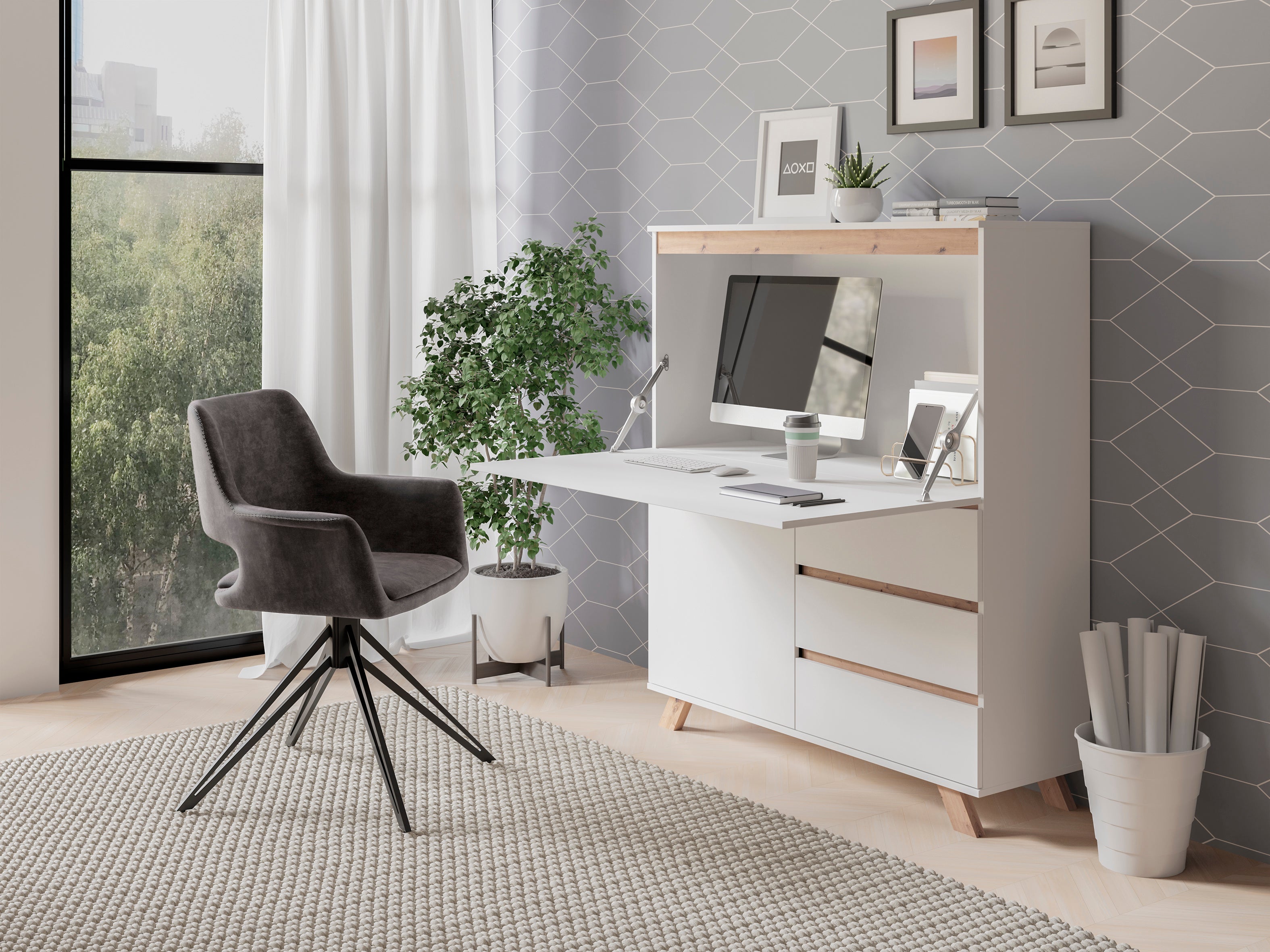 Secrétaire byLIVING VALENTIN / Secrétaire blanc mat avec imitation chêne / Armoire de bureau avec 1 porte et 3 tiroirs / L 120, H 127, P 38 cm - 2