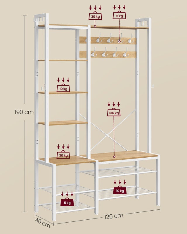 Porte-manteau, Meuble d’Entrée, 5 Étagères de Rangement, 9 Patères et 6 Crochets Latéraux, 40 x 120 x 190 cm, Doré Chêne et Blanc Nuage - 4