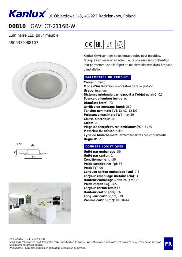 Spot LED encastrable meuble - Verre & Acier - Blanc - Ø73mm - G4 - 7