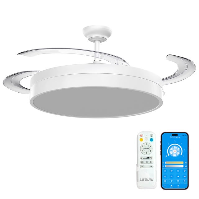 Ventilatore da soffitto retrattile 66W con luce LED CCT, 6 velocità, telecomando, motore silenzioso, ad alta efficienza energetica