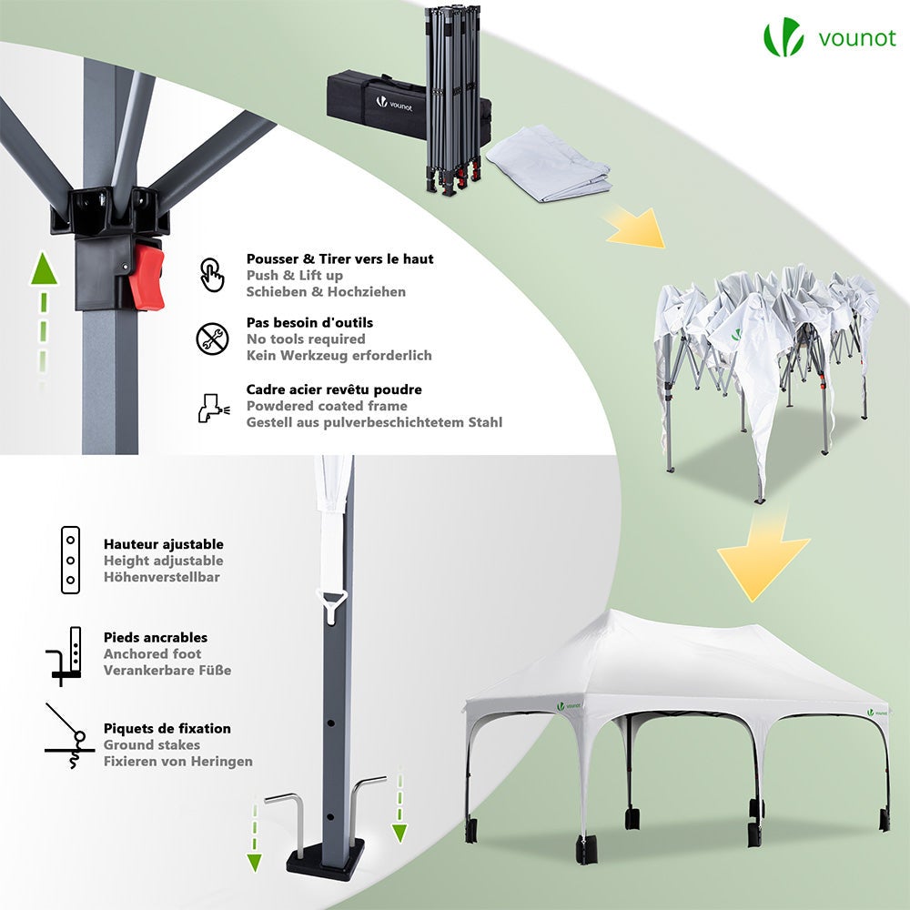 Tonnelle de jardin pliable 3x6m - Barnum réglable en hauteur avec 6 parois amovibles - Imperméable et anti-UV - Blanc - VOUNOT® - 4