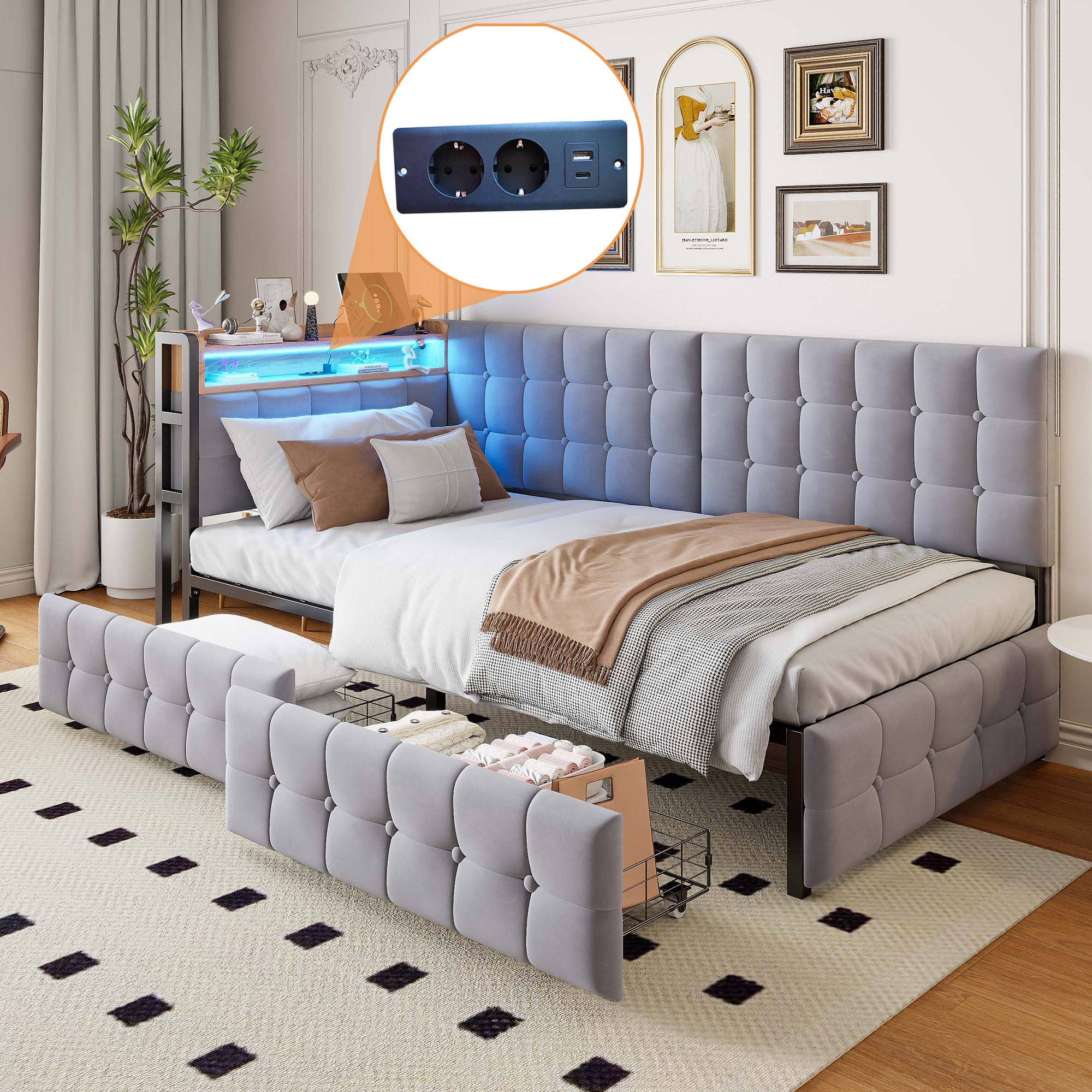 Canapé-lit Capitonné 90x200 Cm Avec Bureau Intégré - LED RGB Et Ports USB - Rose - Idéal Studio Et Chambre D'amis