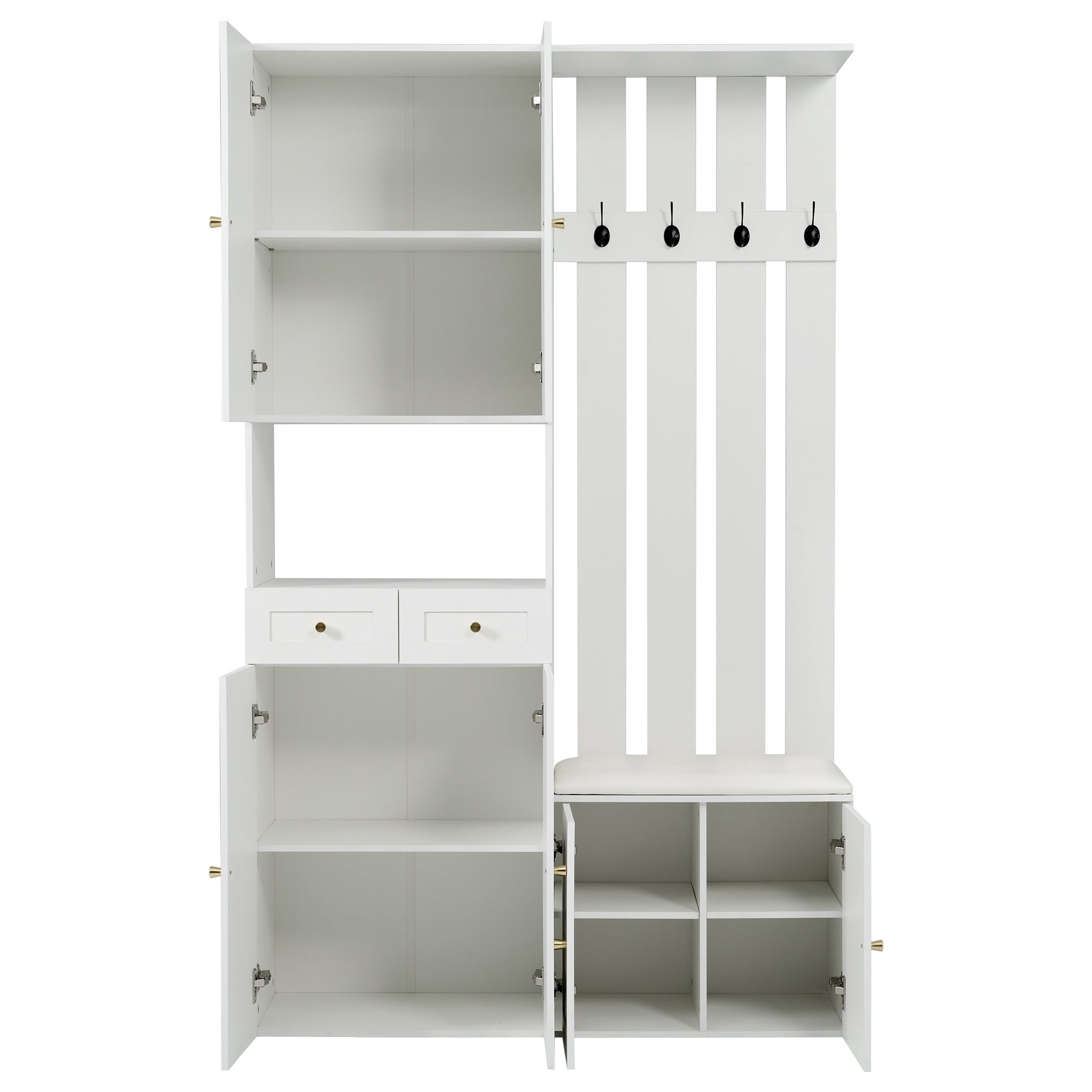 Vestiaire d'entree&nbsp;110×37×180 cm, ensemble d'armoire avec banc à chaussures, 4 crochets, 6 portes et 2 tiroirs, blanc - 8