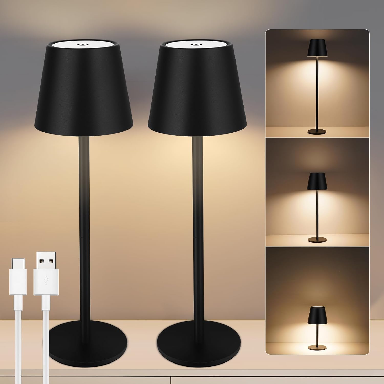 Zestaw 2 bezprzewodowych lamp biurkowych ze ściemniaczem, dotykowe LED 3 kolory, z USB-C, wodoszczelność IP54 (czarne) [Klasa energetyczna F]