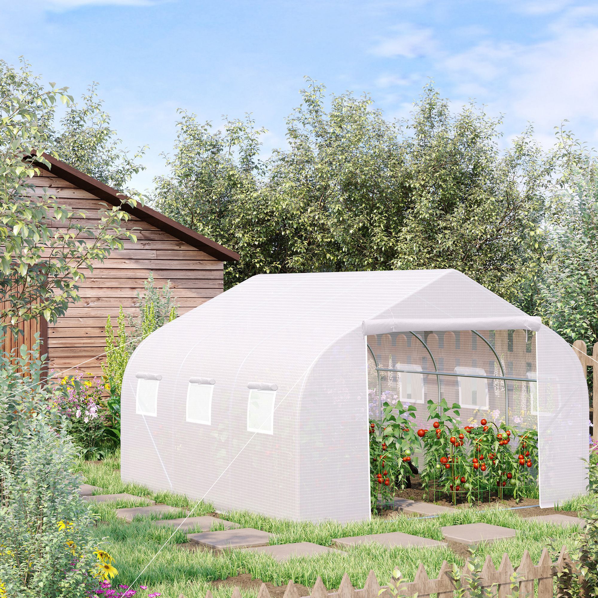 Serre Tunnel de Jardin 13,35 m², 4,5 x 3 x 2 m, Porte + 6 Fenêtres Enroulables, Acier Galvanisé, Bâche PE Haute Densité, Blanc - 3
