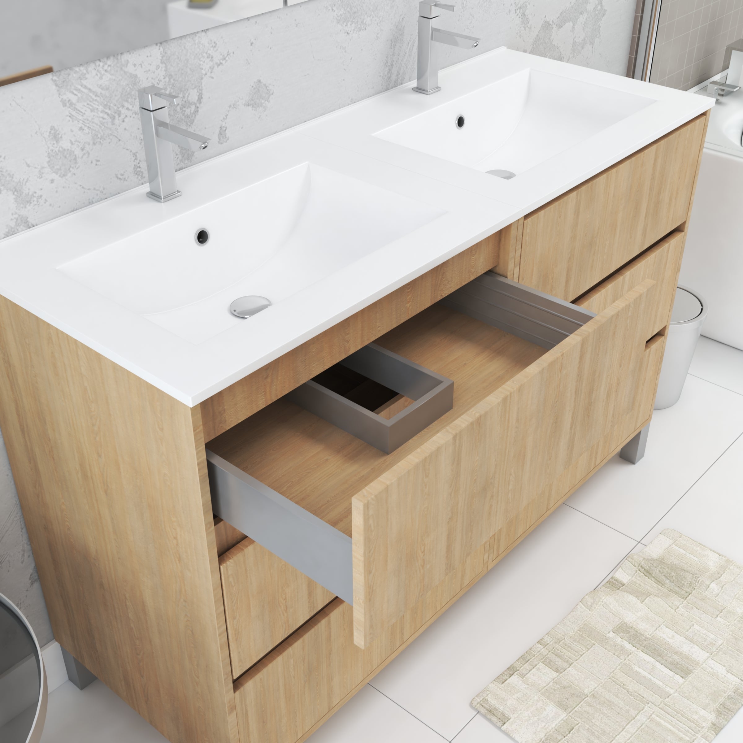 Meuble Salle de Bains 120 cm Chêne Clair 6 Tiroirs, Vasque, Miroirs 60x80 à Leds intégrées - XENOS - 2
