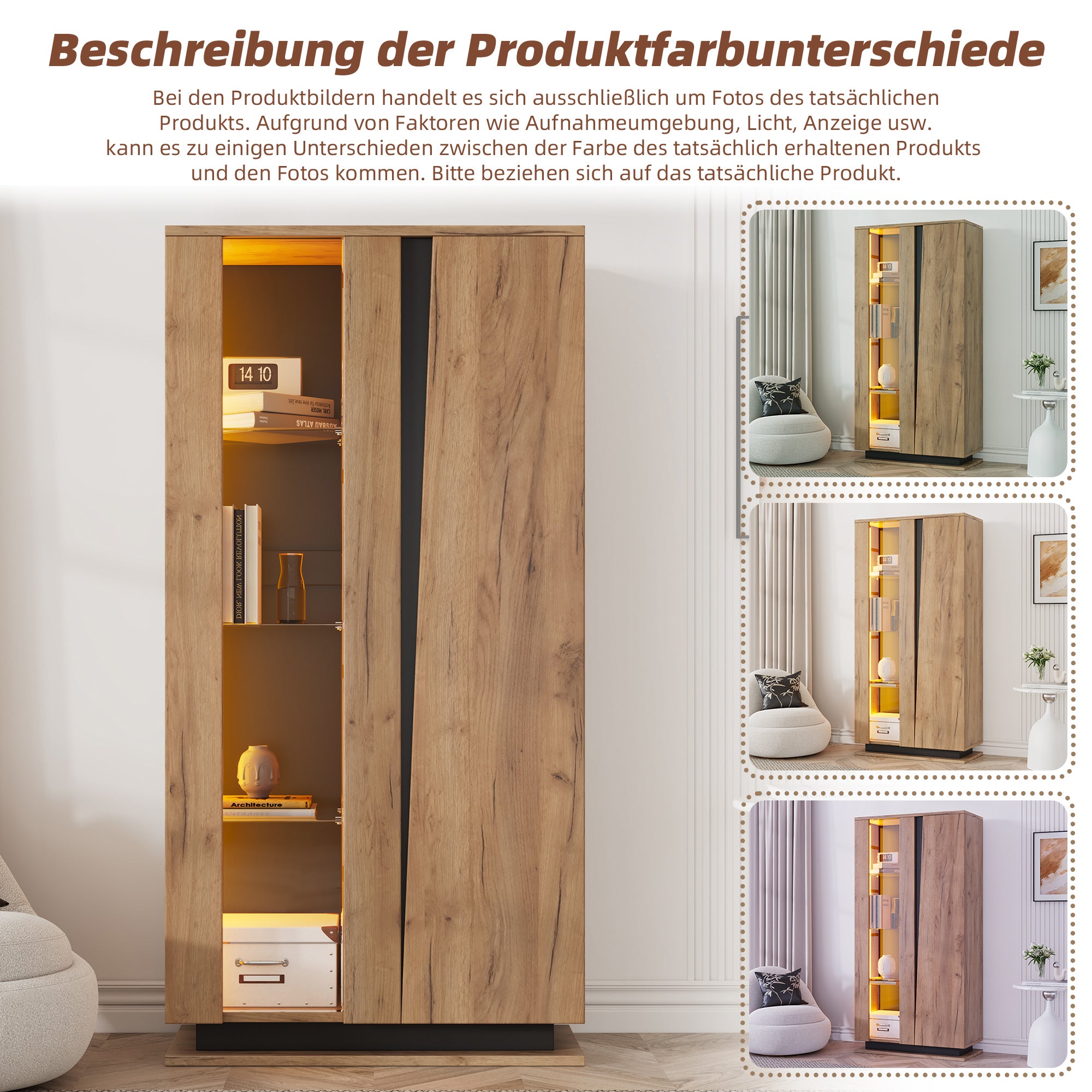 Vitrine avec 2 portes et 8 étagères - 80 x 35 x 160 cm - LEDs - Panneau de particules et acrylique - Naturel - 5