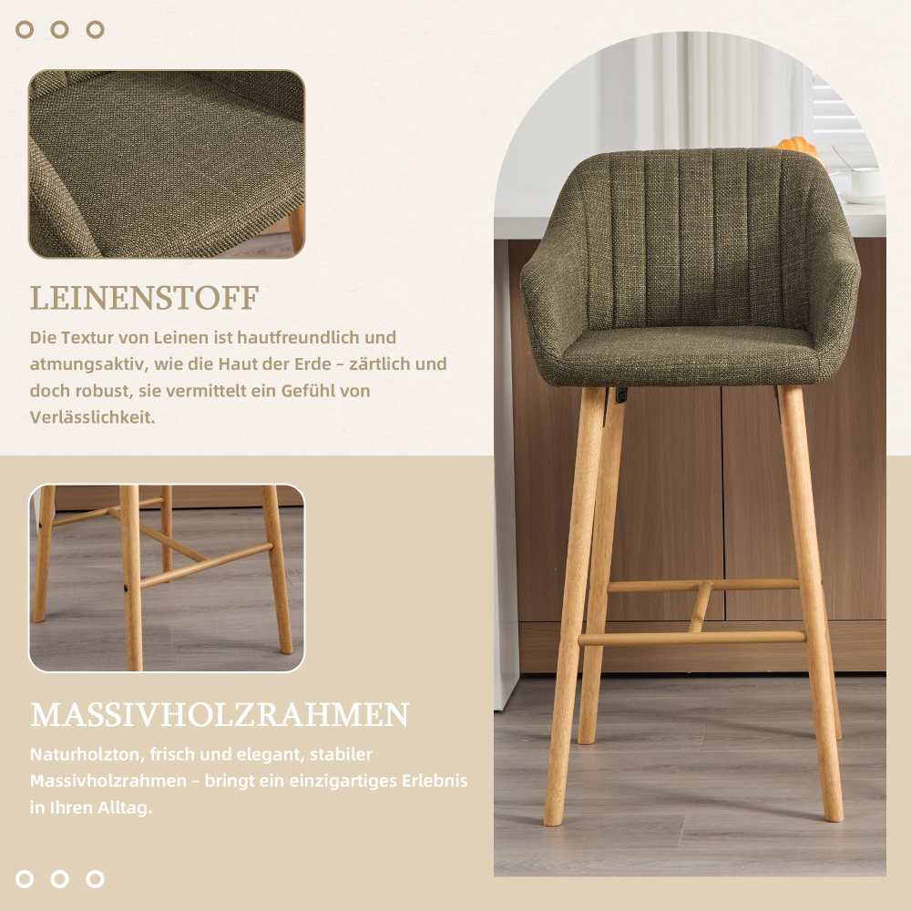 Tabouret de bar moderne vert en lin avec dossier haut et accoudoirs, pieds en bois, lot de 2, style européen pour cuisine ou îlot - 2