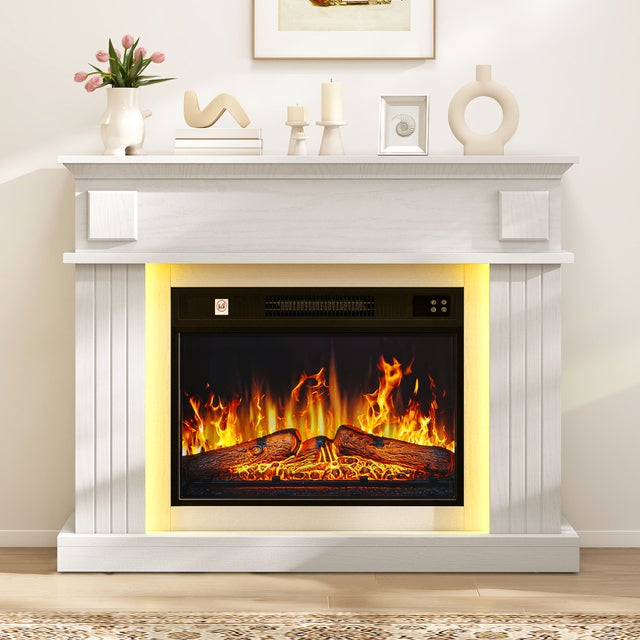 YITAHOME Chimenea Eléctrica con Mueble Blanco – Calefacción 1800 W hasta 30 m², Llamas Realistas, Tira LED 16 Colores, Mando a Distancia