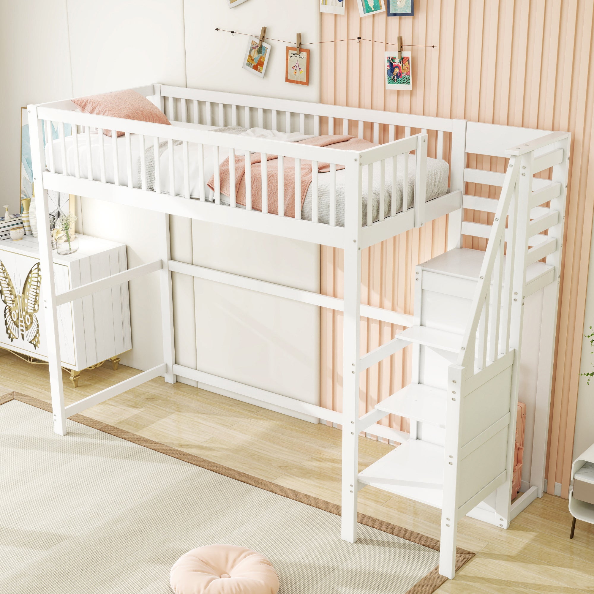 Lit mezzanine 90 x 200 cm avec armoire et escalier - bois massif et MDF - blanc (sans matelas) - 3