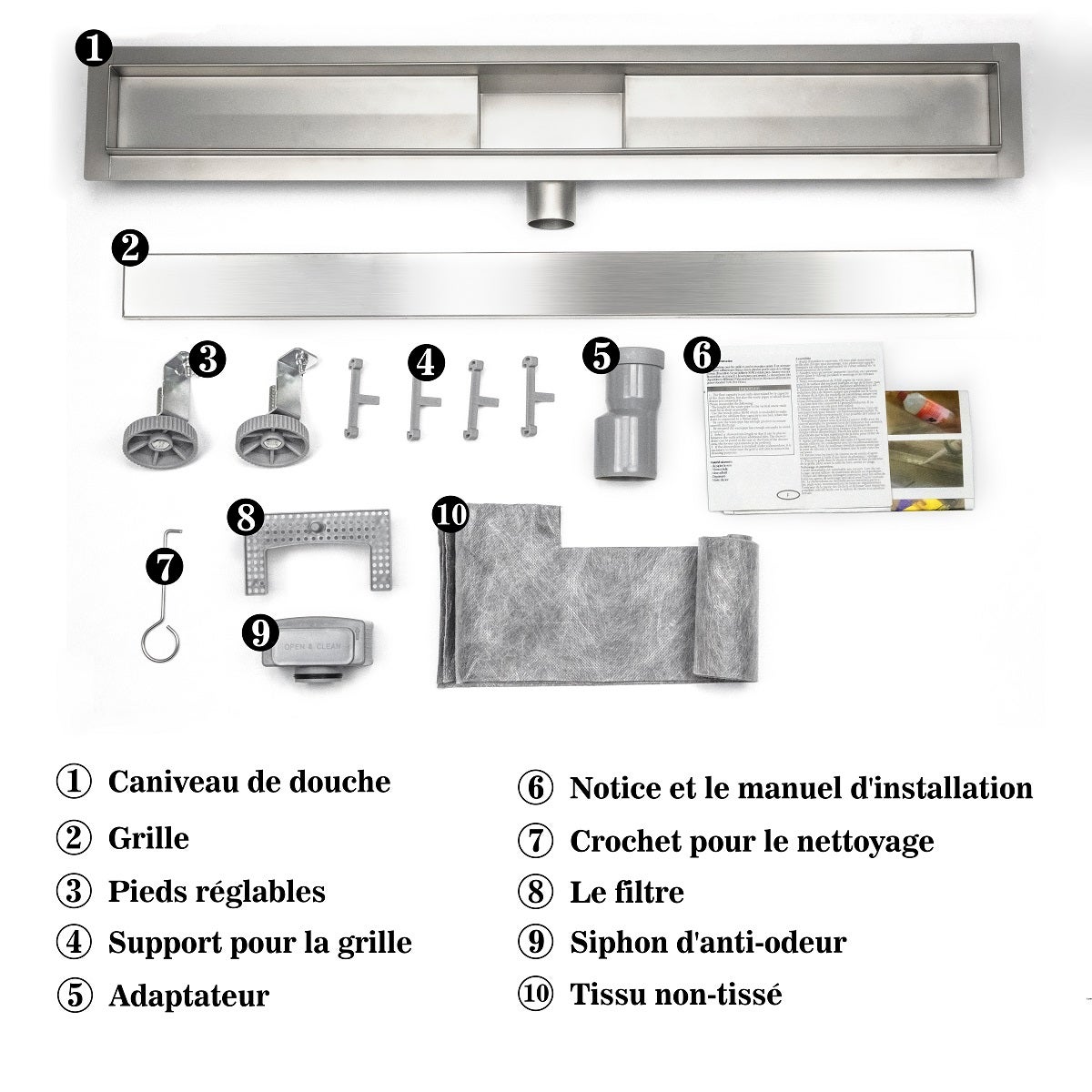 AICA caniveau de douche en acier inoxydable italien 2 en 1, siphon de drainage au sol en carrelage, réglable en hauteur avec désodorisant - 110 cm - 3