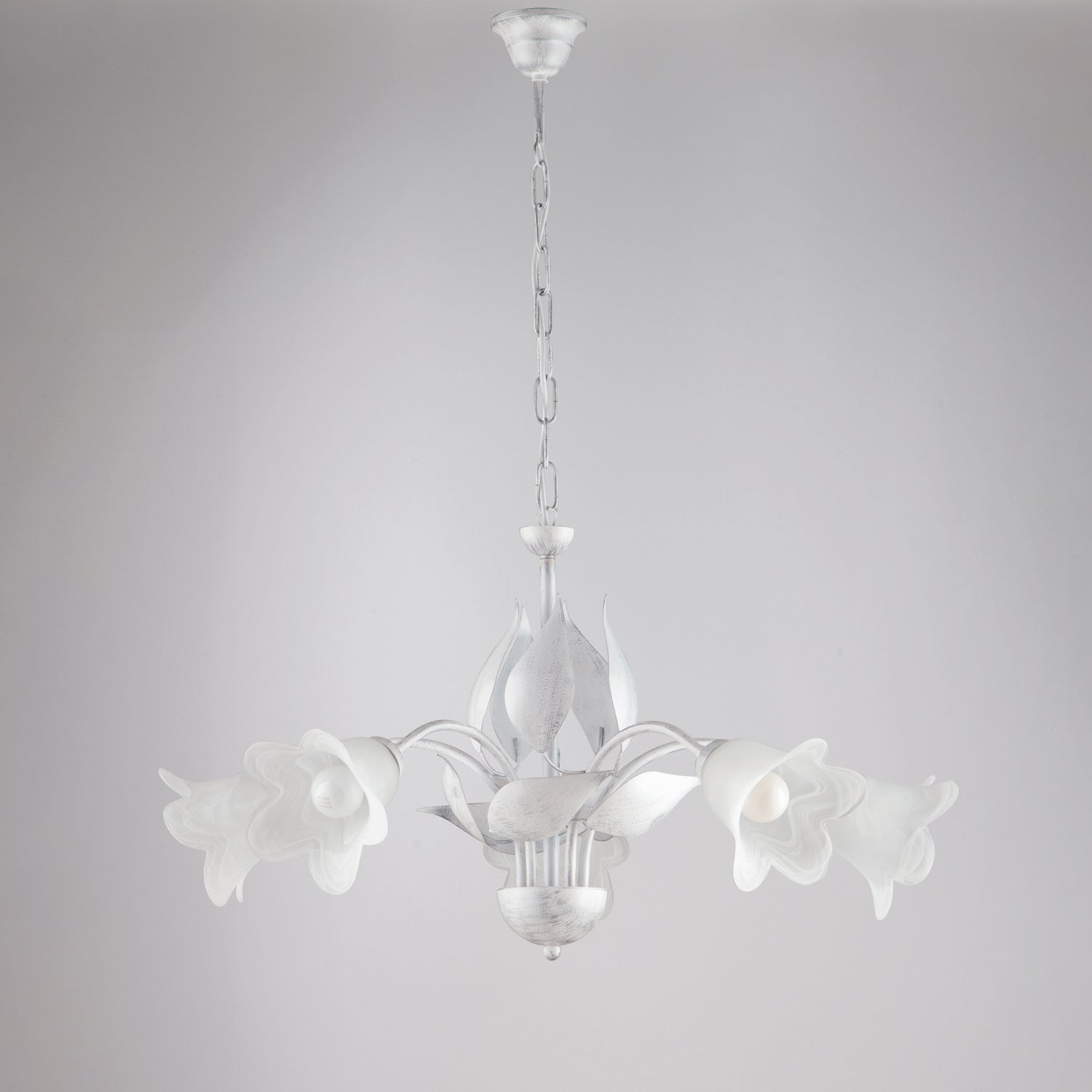 Lustre Olga fer blanc, déco argent antique, verre albâtre d.14, 5 lumières d.68 cm style lumineux traditionnel - 2