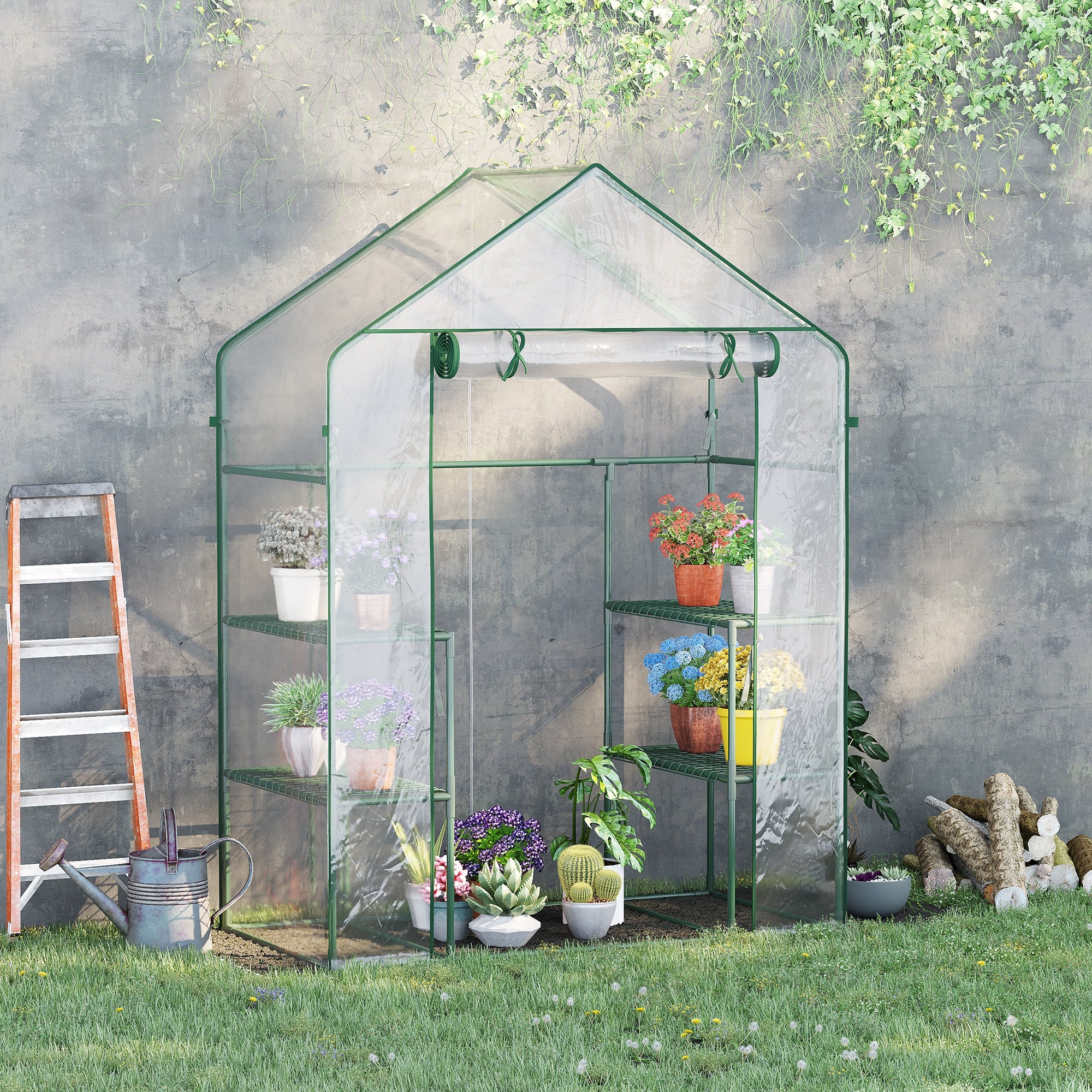 Serre de jardin avec 4 étagères en acier, fabriquées en PVC haute densité (140 g/m²), résistant aux UV, vert transparent. - 3