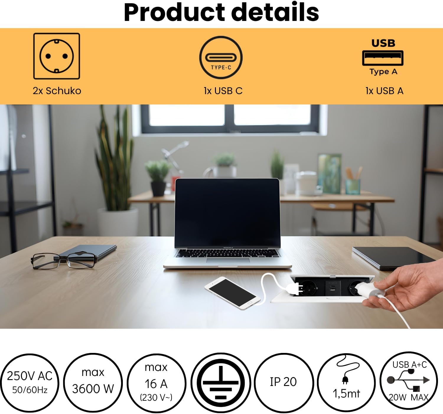 Multiprise Encastrable Escamotable avec 2 Prises SCHUKO + 2 Prises USB (A+C), Câble de 1,5 m – Pour Bureau et Table (Couleur Blanc) - 4