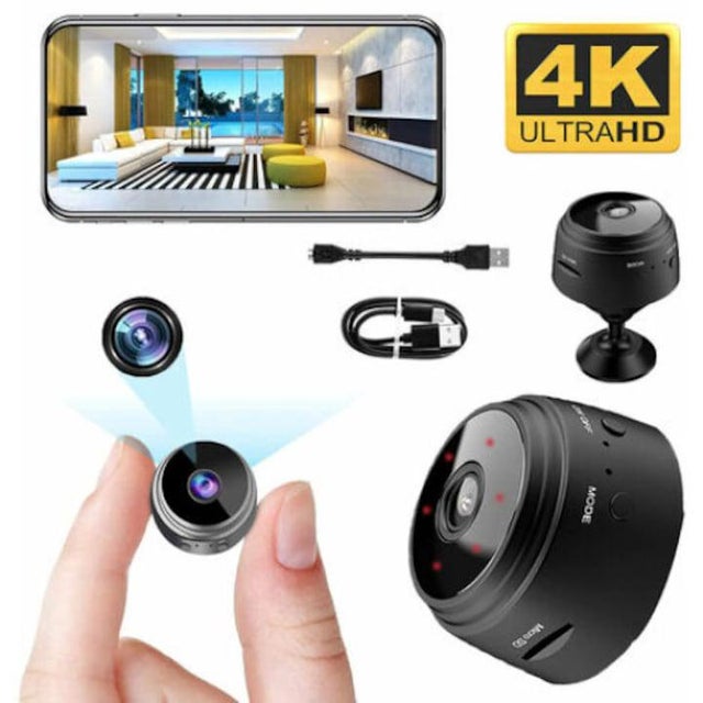 Mini caméra de surveillance sans fil HD 4K, détection de mouvement, vision nocturne, kit complet, noire