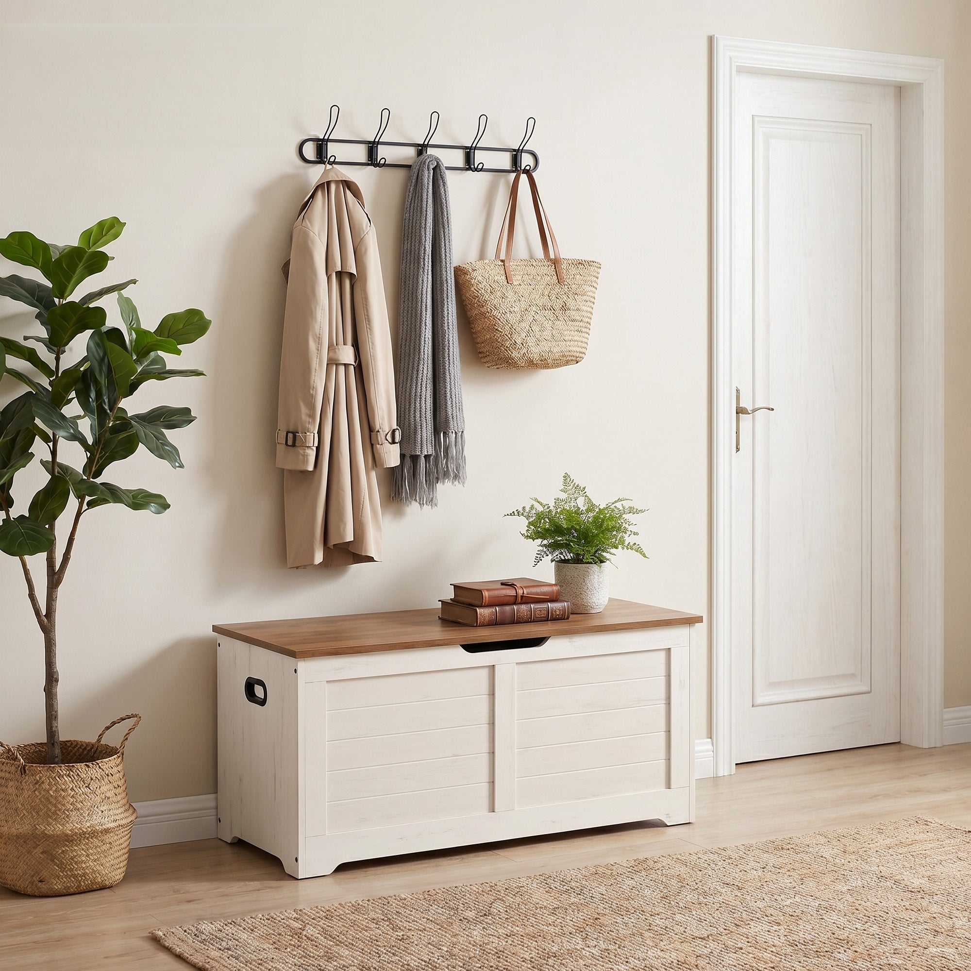 Coffre de Rangement, Banc à Chaussures avec Charnières de Sécurité, pour Salon, Entrée, Chambre, Blanc et Marron - 2