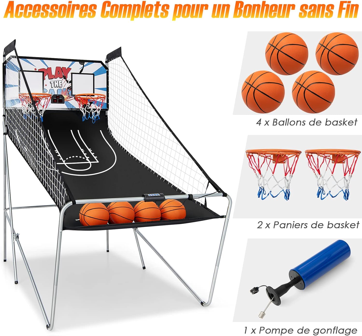 Jogo de basquetebol dobrável, 2 aros e 4 bolas, 8 modos de jogo, sensor elétrico, placar LED, 4 botões de funcionamento, 207 x 108 x 205 cm - 5