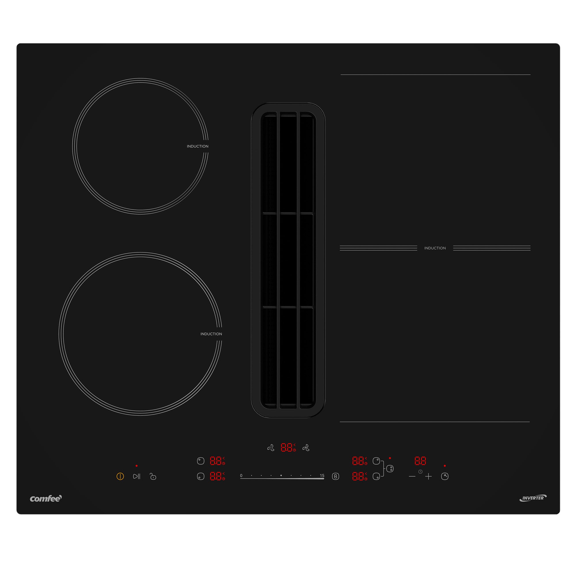 Table de cuisson à induction aspirante COMFEE CIH742FY18K0 60 cm 4 foyers + hotte intégrée 638m³/h avec kit d’évacuation partiel, 7400W, A++ - 2