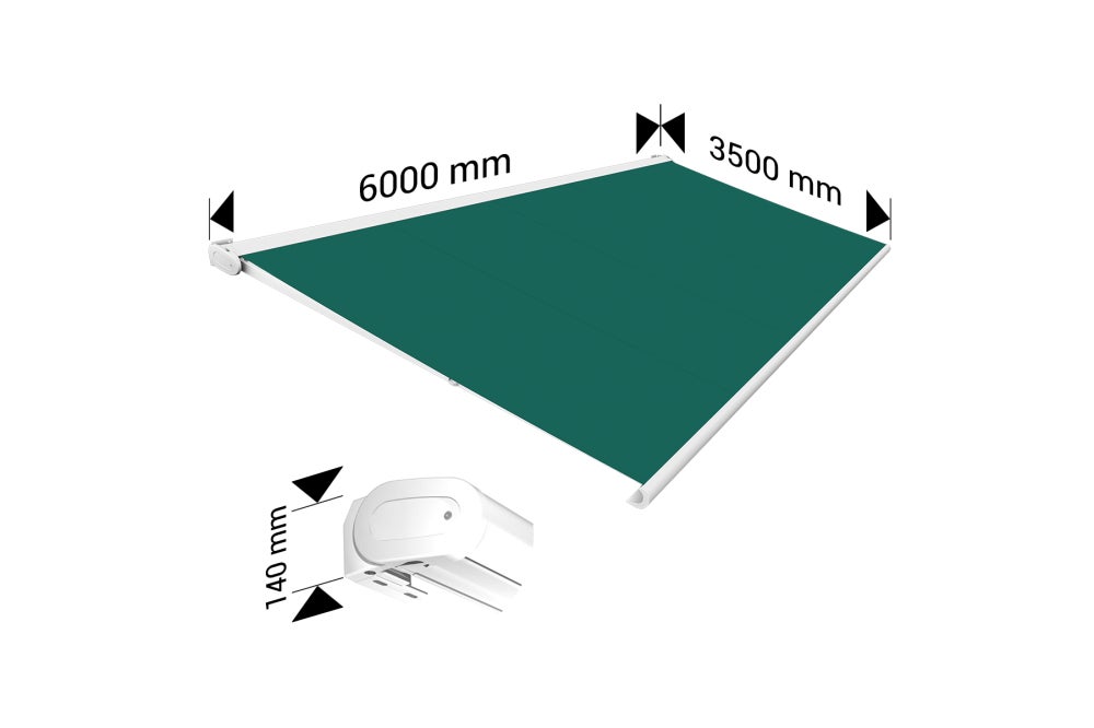 Store banne Coffre intégral PROTECT 2 LED SMART Blanc 6x3,5m Motorisé à télécommande + Capteur Vent + LED - Toile Verte - 4