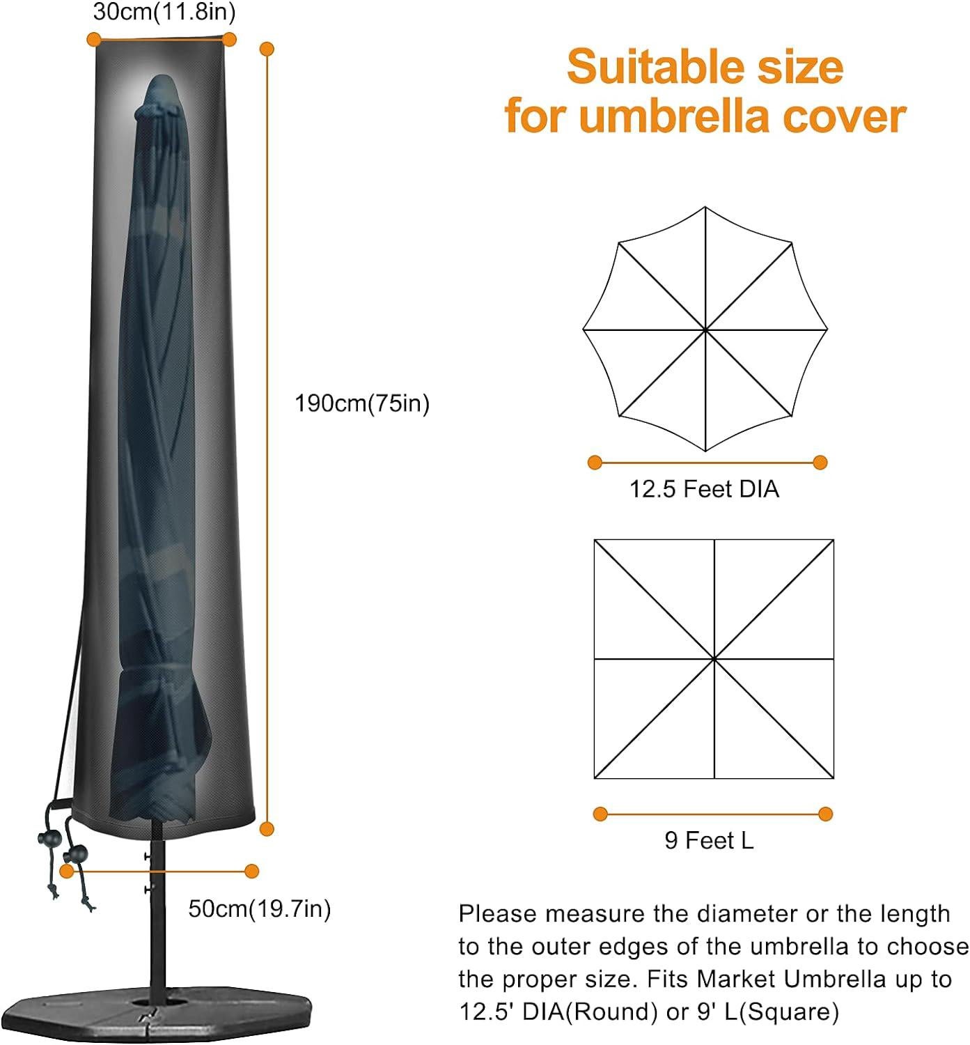 Housse de parasol de jardin de 2 à 4 m de diamètre, grande housse de parasol, Oxford Protect 420D EU pour parasol de 9 à 11 pieds, H 190 x 30/50 cm - 2