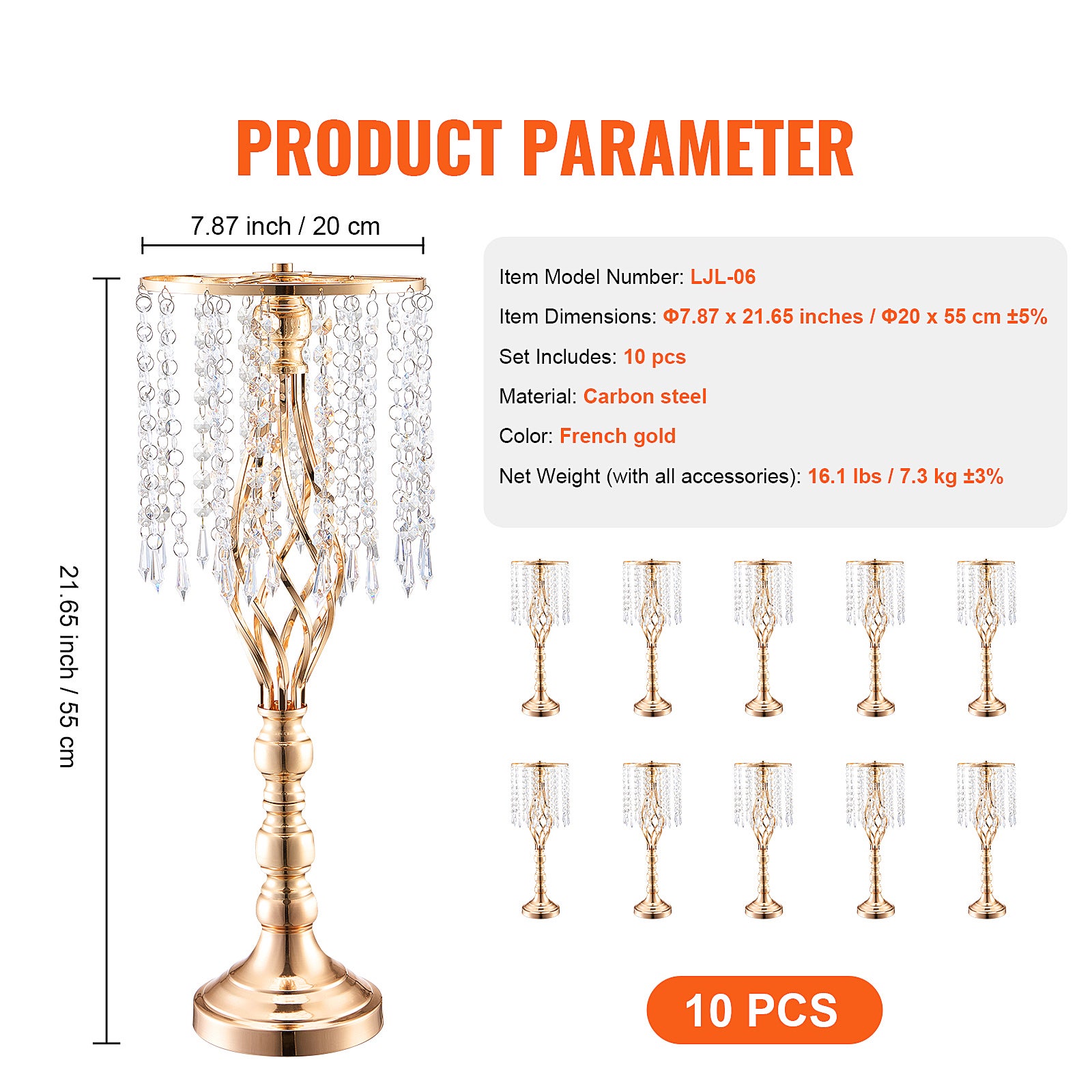 Lot de 10 supports fleurs mariage SucceBuy en cristal, hauteur 55 cm, vases en métal doré pour décoration florale - 9