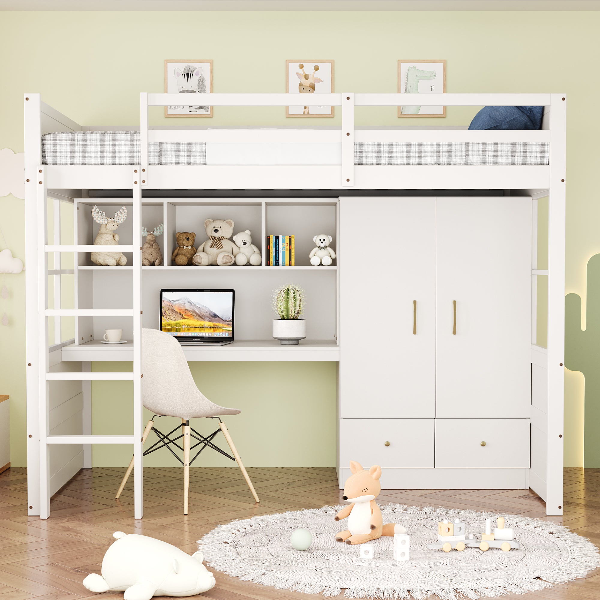 Lit mezzanine 90x200 cm - avec une penderie et un bureau - cadre de lit en bois - Blanc & Naturel