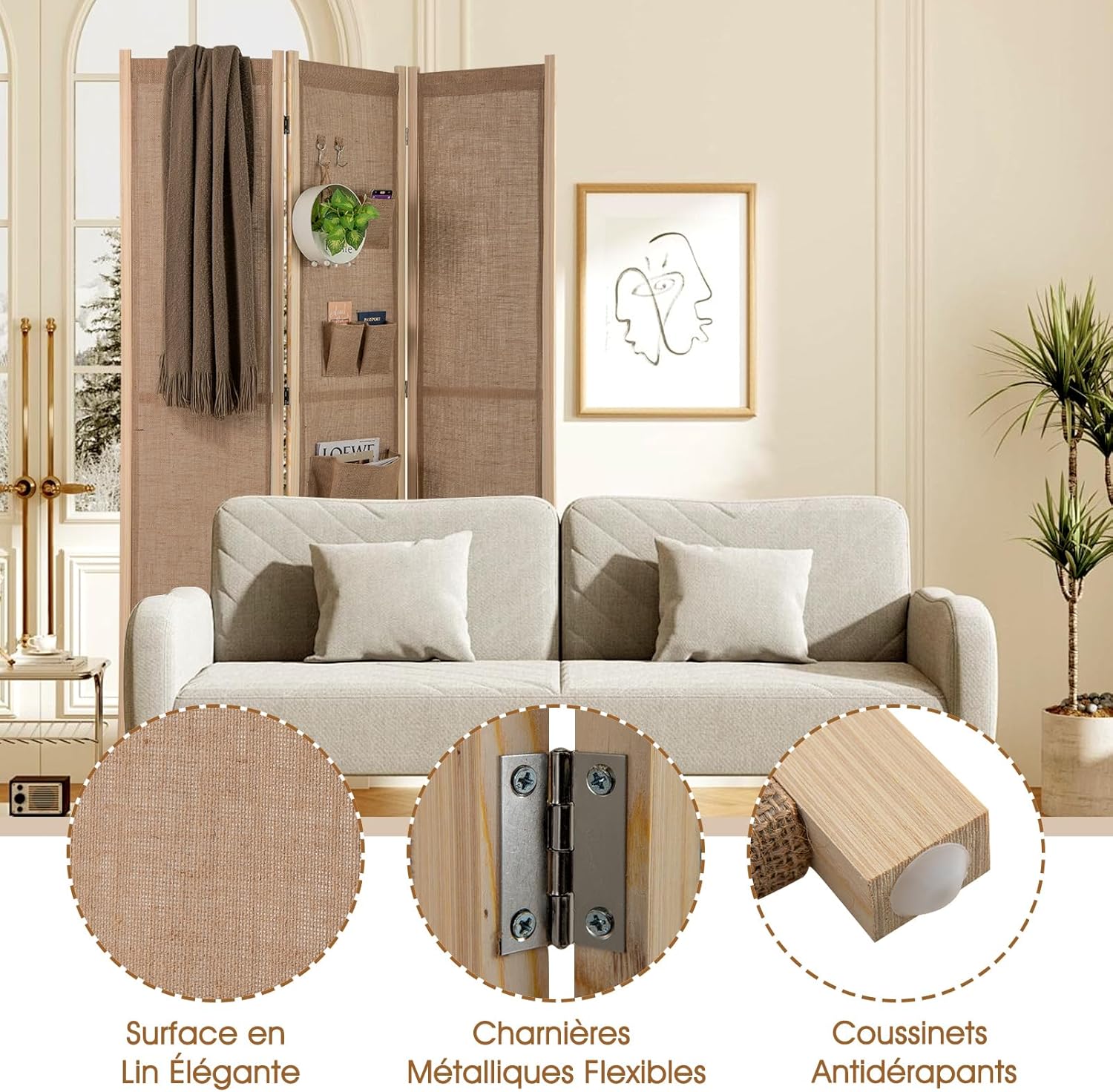 Paravent Interieur 3 Panneaux en Faux Lin avec 4Poches, 2 Crochets, Cordes en Jute et 20 Pinces en Bambou, pour Maison (120x170CM,Naturel(Porche)) - 4