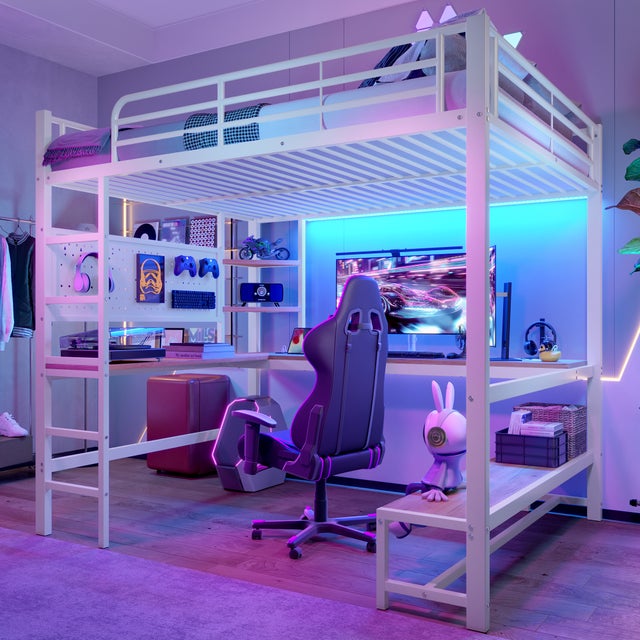 Lit mezzanine 2 places 140 x 200 cm avec bureau,Lit enfant avec étagères et prise USB+type C,Lit double avec bande LED,cadre fer,blanc(sans matelas)