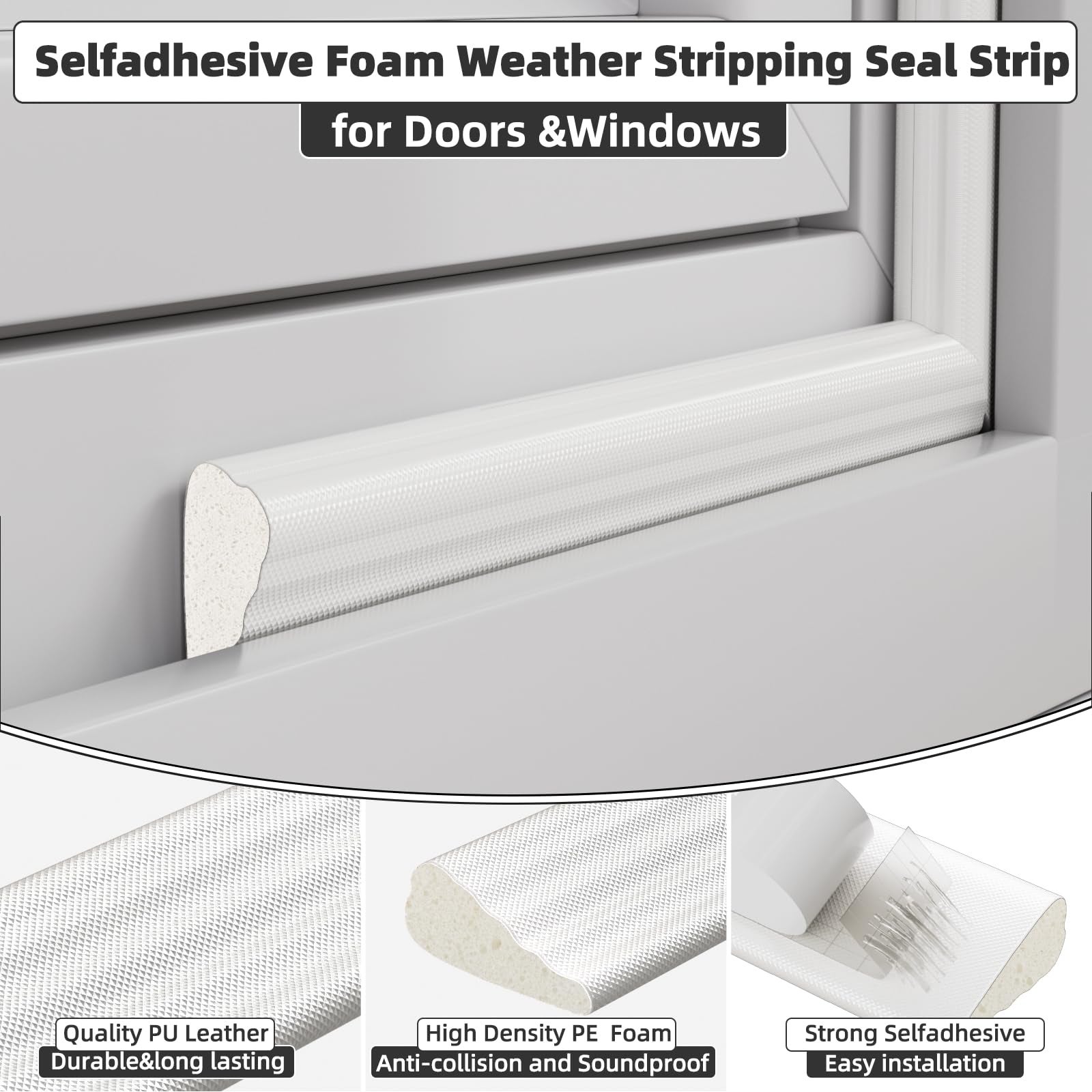 Burlete autoadhesivo 5M para puertas y ventanas, burlete e insonorización, cinta de espuma para marcos de puertas, blanco - 2