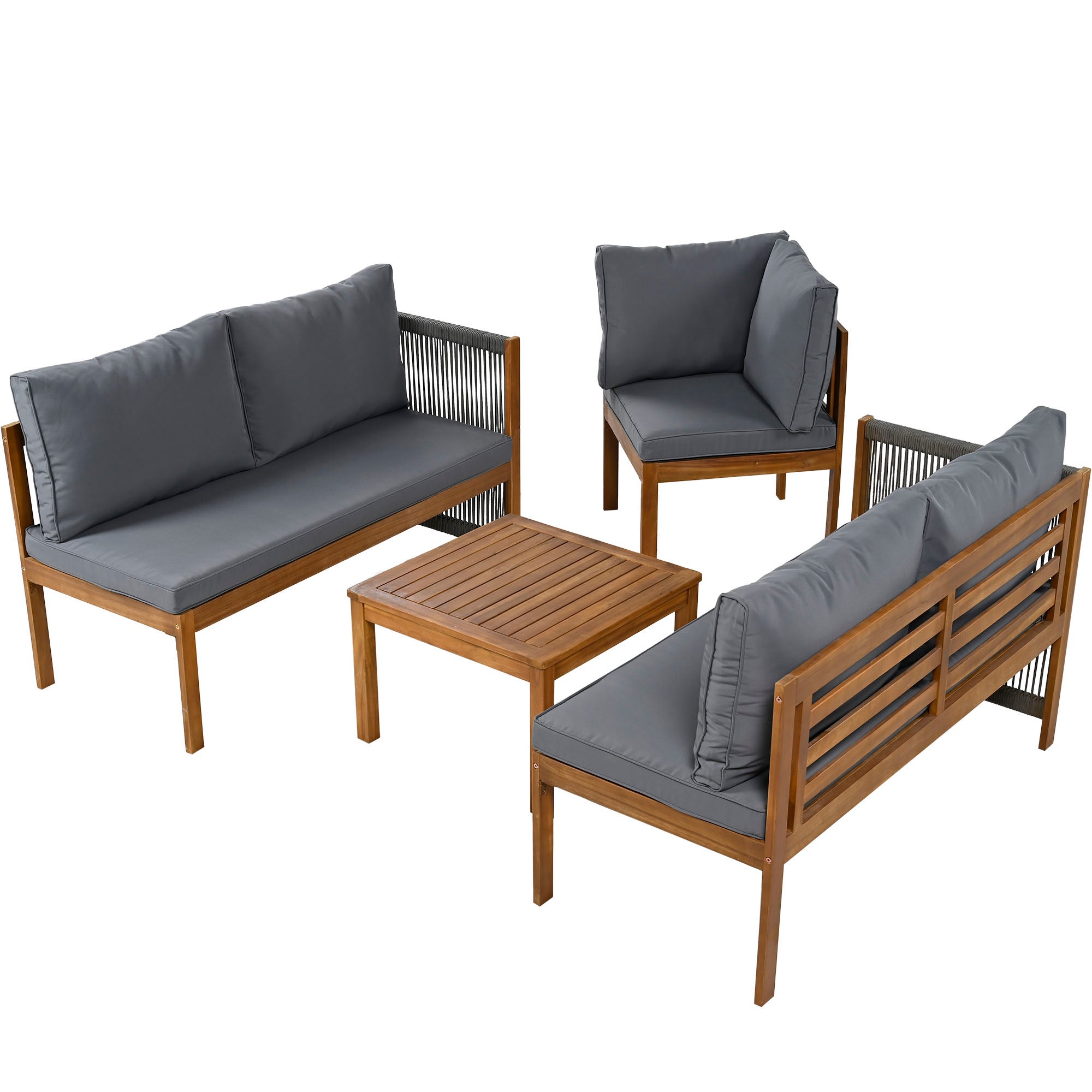 Ensemble de salon de jardin 5 places, canapé d'angle + table basse, structure en acacia, en corde tressée, gris - 2