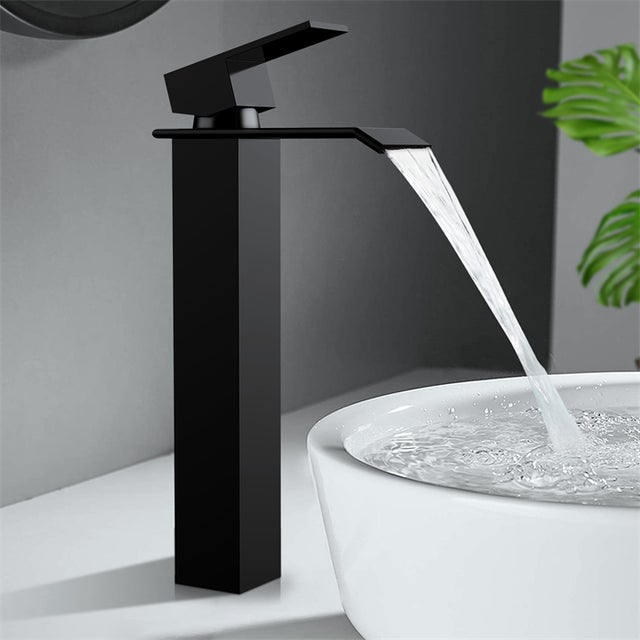 Robinet de Lavabo Cascade Bec Haut en Acier Inox Noir Mitigeur Salle de Bain avec Poignée Carré Robinetterie à l'Eau Chaude et Froide