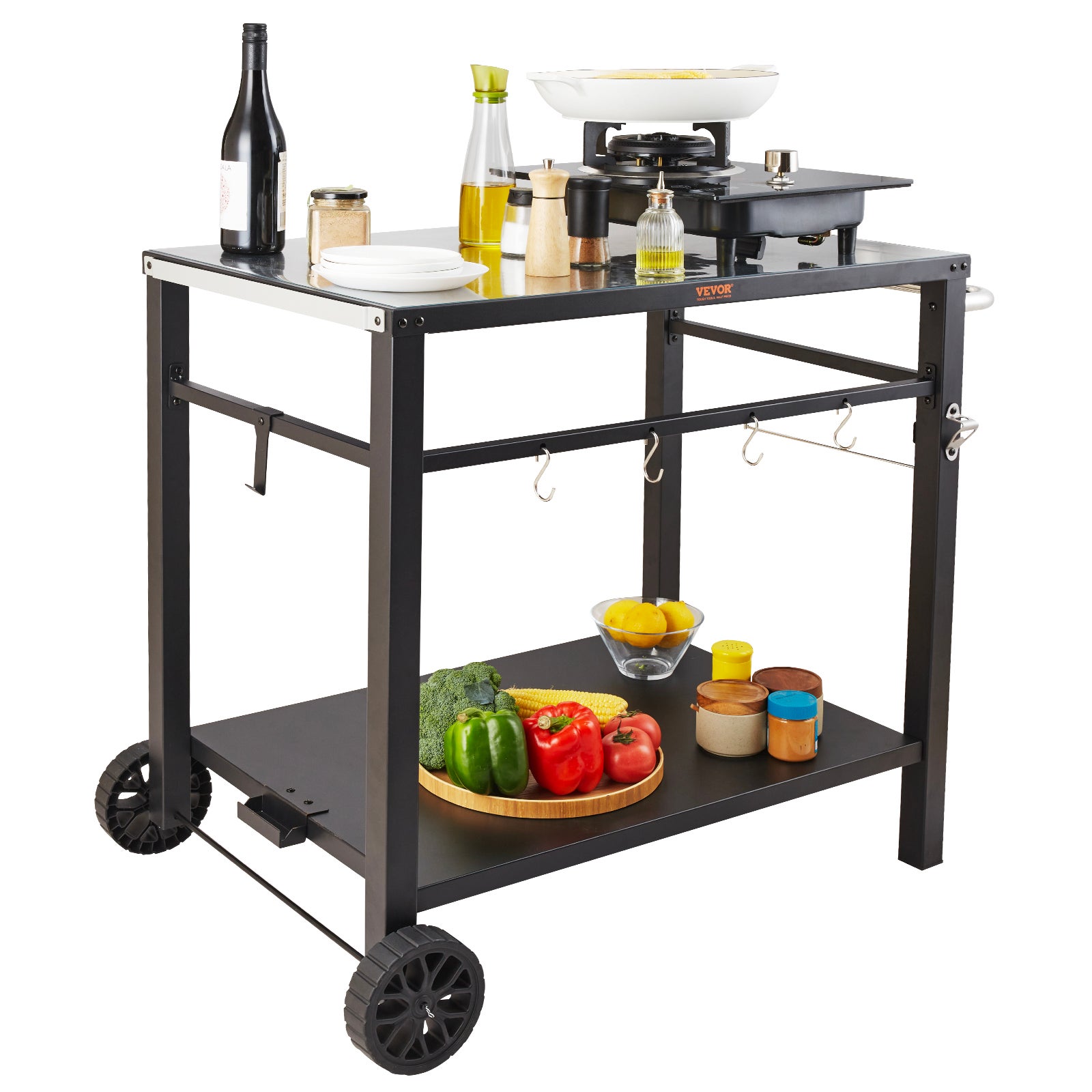 VEVOR Carrello da Pranzo per BBQ da Esterno con Doppio Ripiano, Tavolo Mobile Preparazione degli Alimenti per Barbecue, Piano Multifunzionale in Ferro - 9