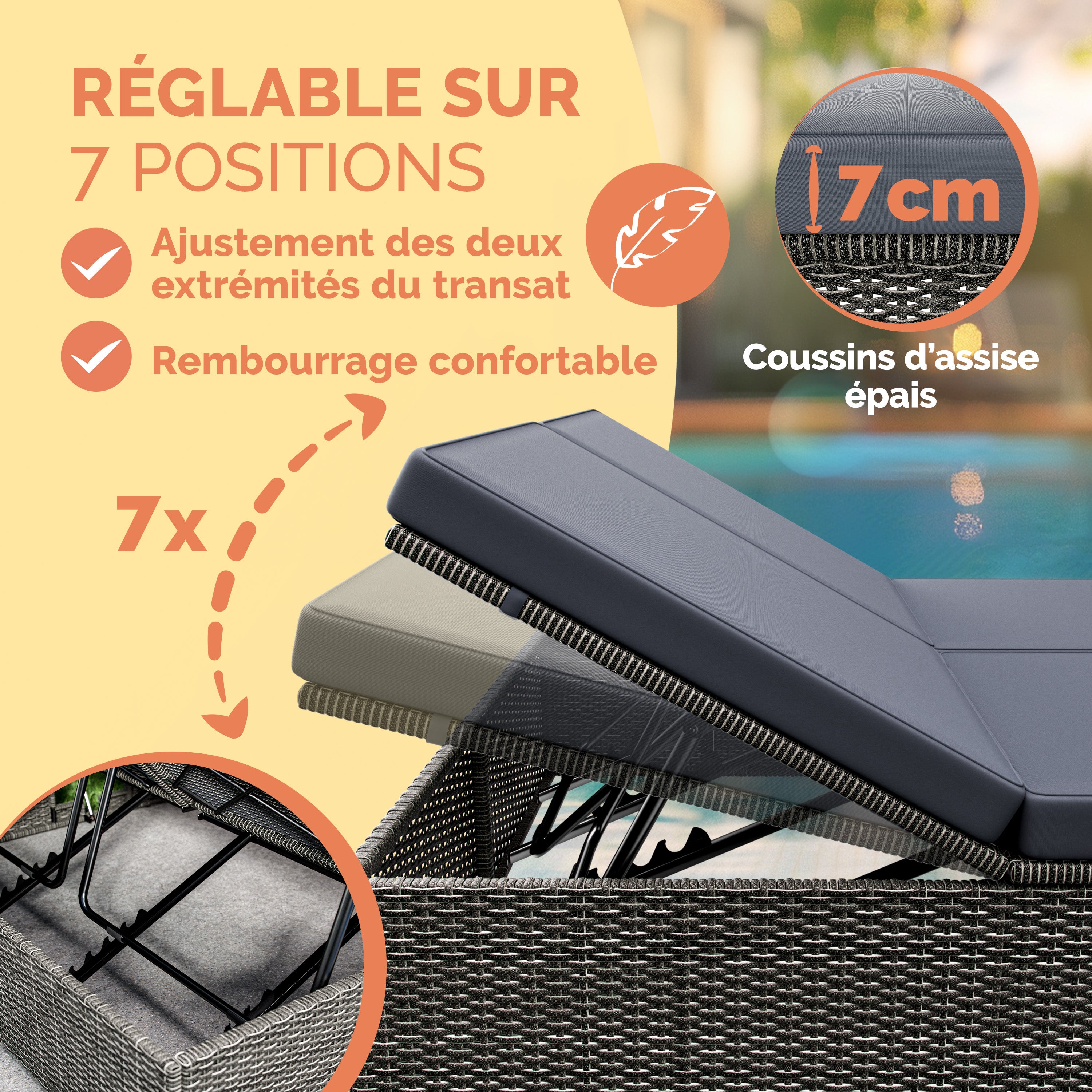 CASARIA® Chaise longue double gris/anthracite extrémités réglables bain de soleil 2 places polyrotin chaise d’extérieur - 4