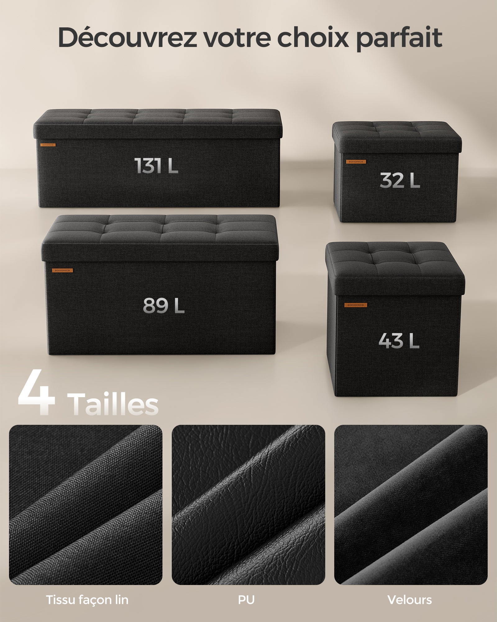 Banc de Rangement Pliable de 110 cm, Coffre de Rangement, Tabouret Repose-Pieds, Pouf de Chambre, Noir - 5