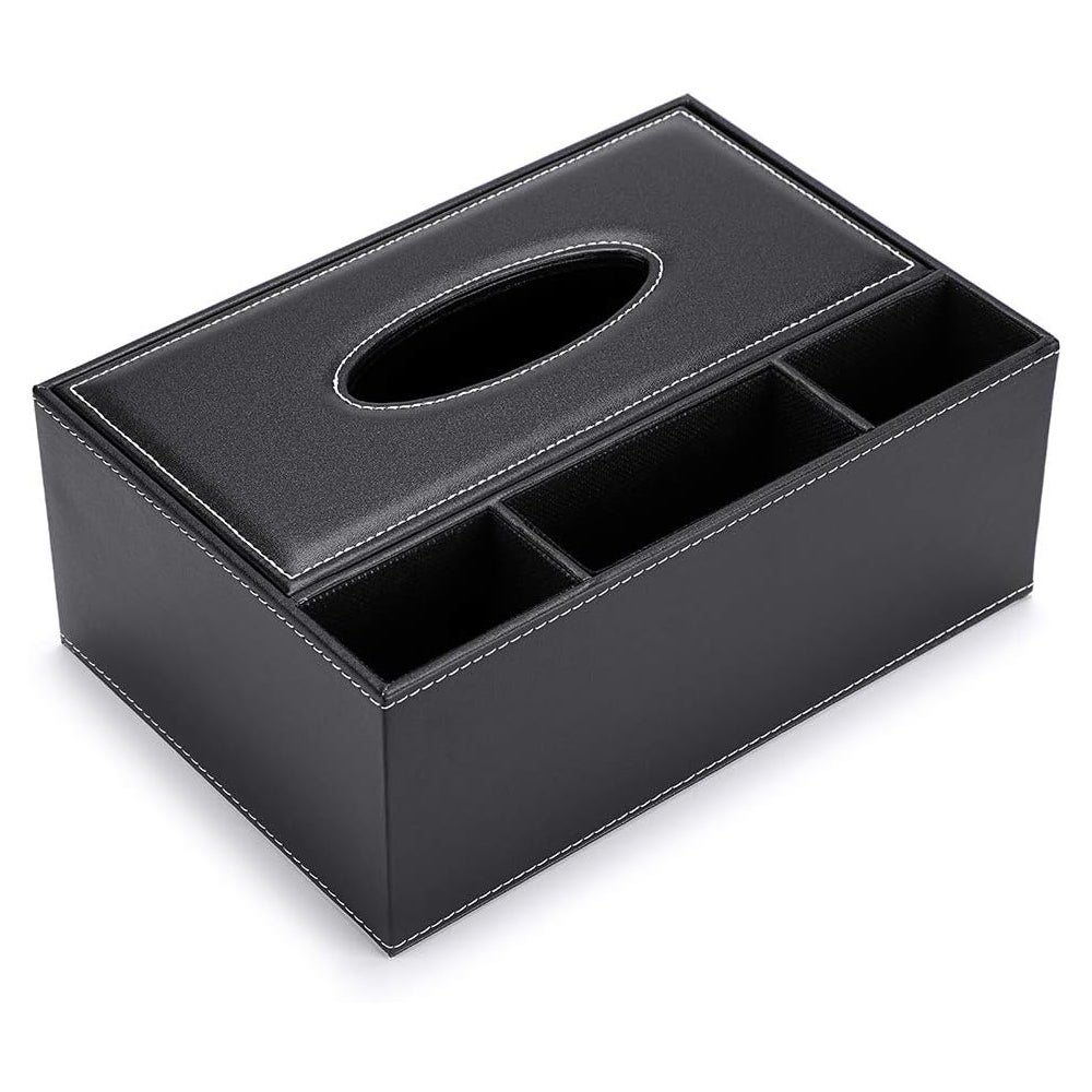Prostokątne pudełko na chusteczki z imitacji skóry (czarne) z 3 przegródkami na biurko i pilot.